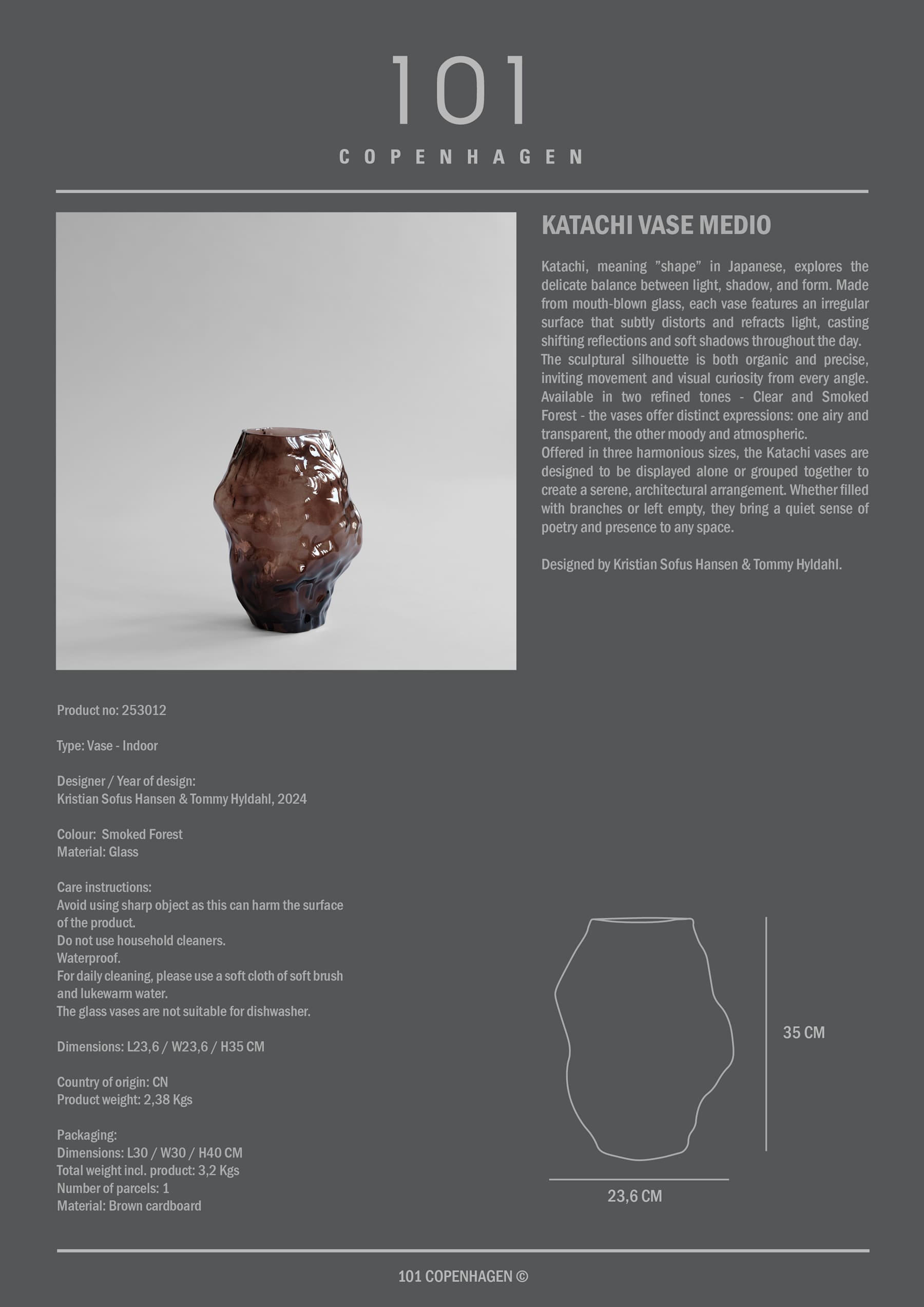 101 COPENHAGEN ΒΑΖΟ Βάζο Katachi Medio / Γυάλινο / Smoked Forest L23.6 / W23.6 / H35 101 COPENHAGEN
