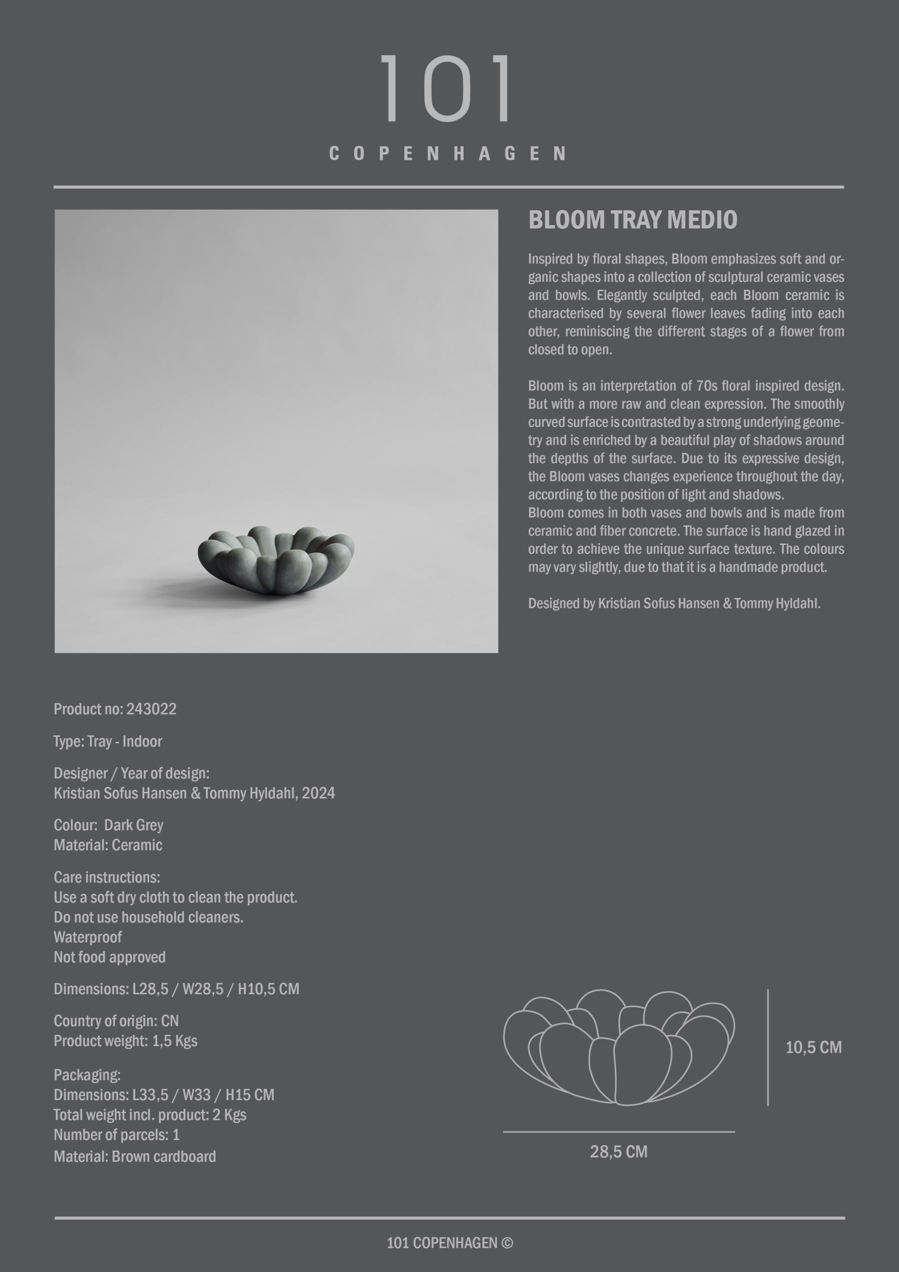 101 COPENHAGEN Διακοσμητικός Δίσκος Δίσκος Bloom, Medio Σκούρο Γκρι 28,5 x 10,5 101 COPENHAGEN