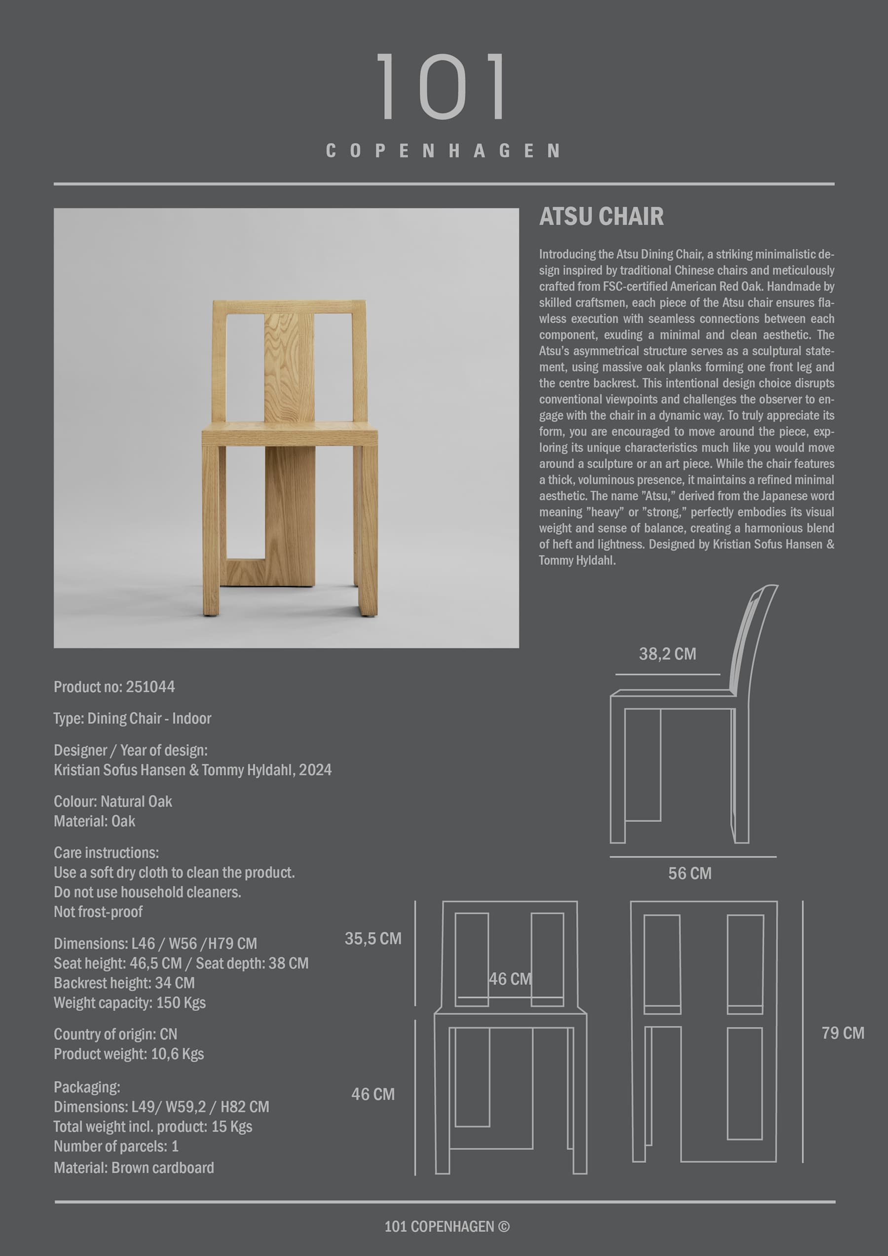 101 COPENHAGEN Καρεκλα Καρέκλα Atsu / Φυσικό Ξύλο Δρυς L46 x W56 x H79 cm 101 COPENHAGEN
