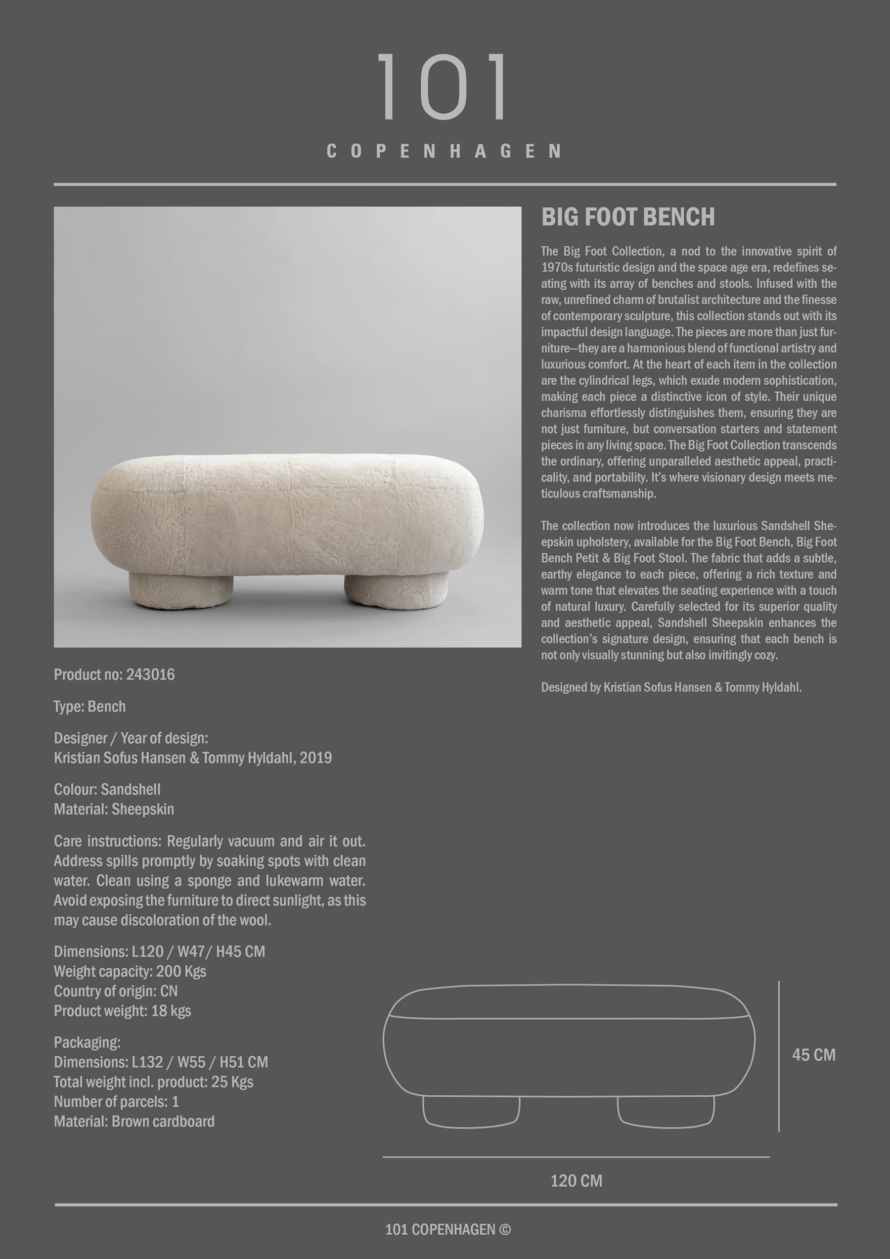 Σκαμπό Big Foot Sandshell (Sheepskin) L120 cm x W40 cm x H45 cm 101 COPENHAGEN
