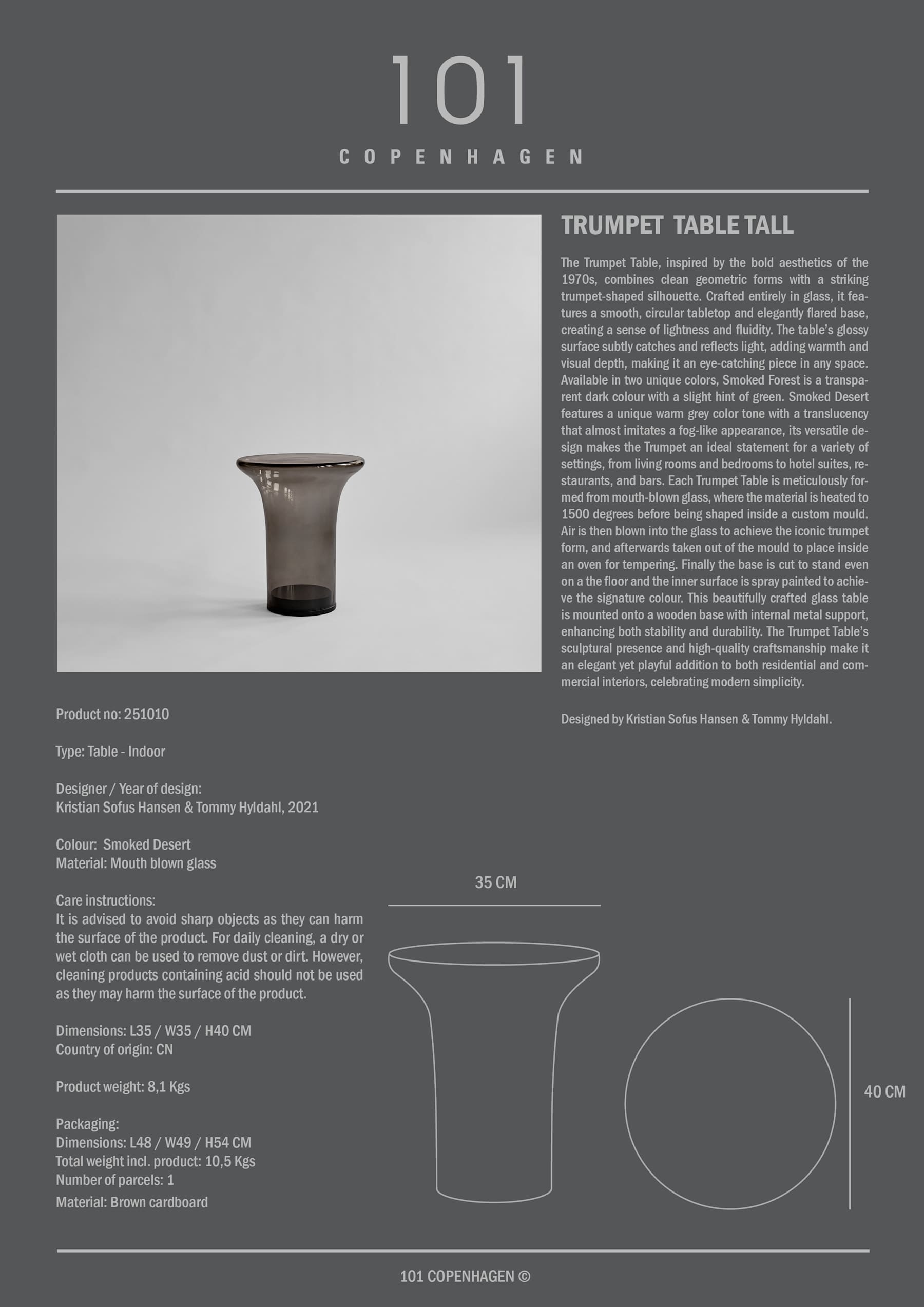 Βοηθητικό Τραπέζι Trumpet Tall - Γυαλί Smoked Forest H45 x W35 x L35 cm 101 COPENHAGEN