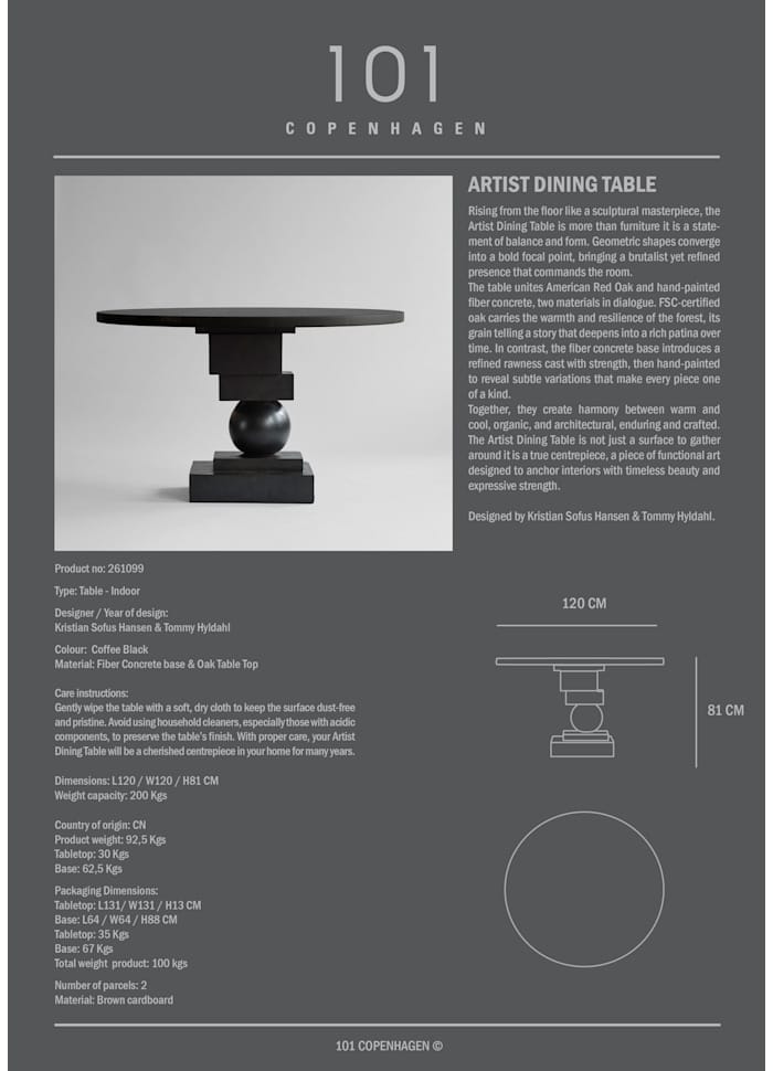 Artist Τραπέζι Φαγητού Ø120 x H81cm - Δρύινη Επιφάνεια Coffee Black Oak / Βάση Σκυρόδεμα 101 Copenhagen
