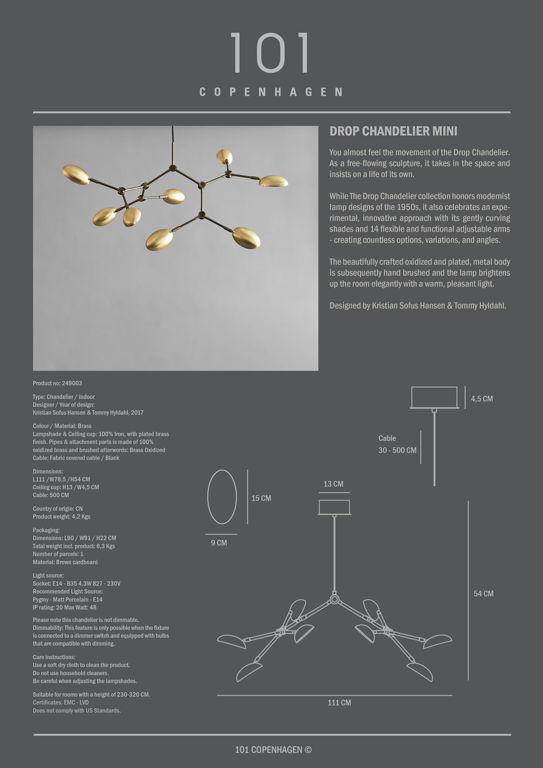 Φωτιστικό οροφής Drop Chandelier Mini - Brass (5m) L106 x W81 x H55 cm 101 COPENHAGEN