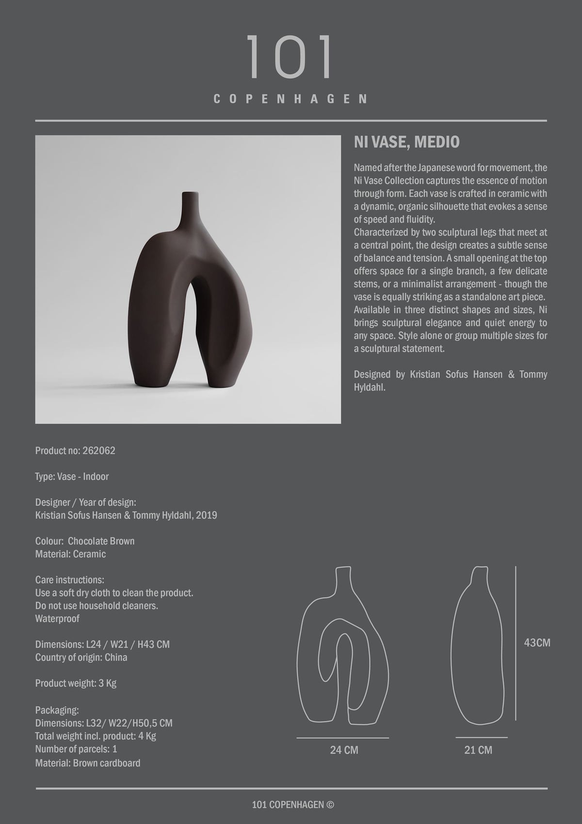 Βάζο Ni Medio - Κεραμικό Σοκολατί H43 x W21 x L24 cm 101 COPENHAGEN