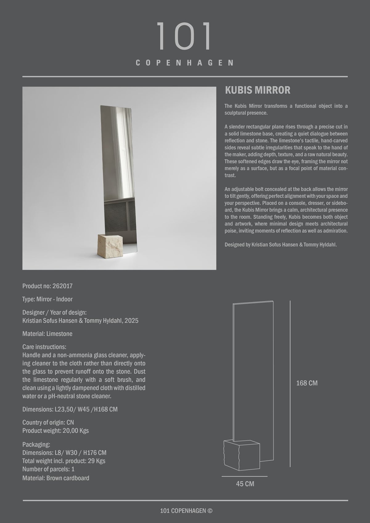 Καθρέφτης Kubis - Ασβεστόλιθος H168 x W45 x L23.5 cm 101 COPENHAGEN