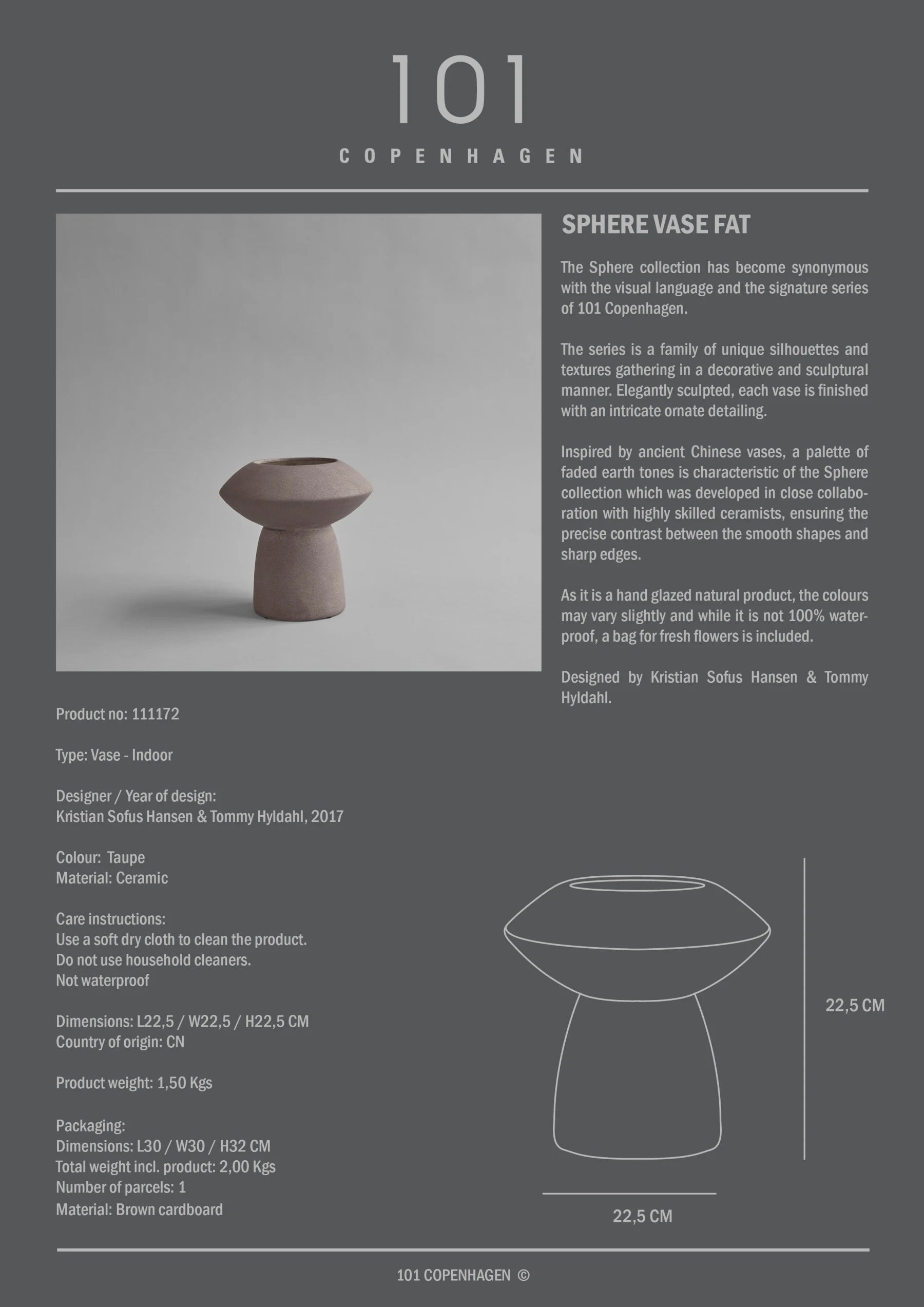 101 COPENHAGEN Βάζο Βάζο Sphere Fat Taupe Κεραμικό 23x13,5x24cm, 101 COPENHAGEN