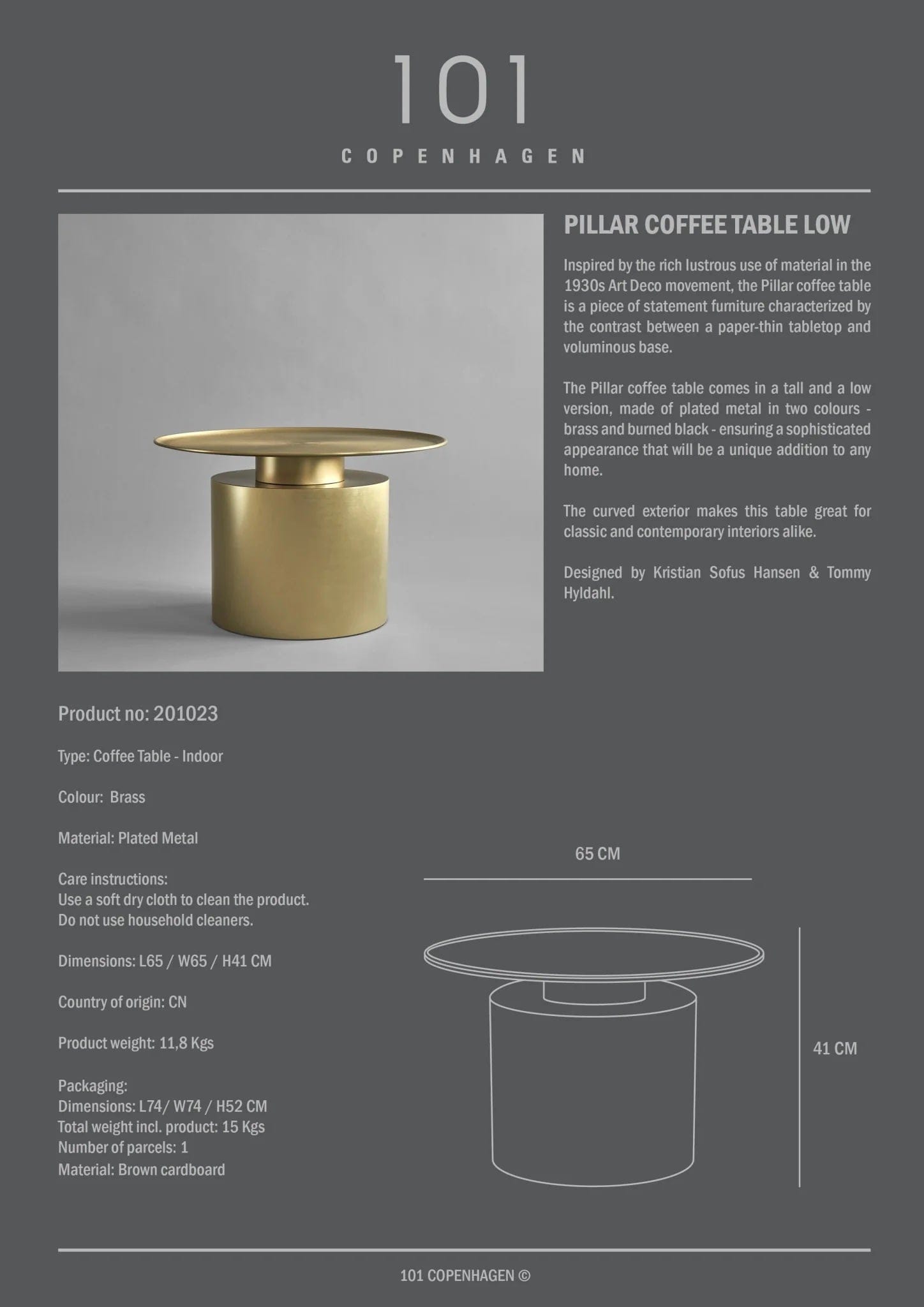 101 COPENHAGEN Coffee Table Τραπέζι Pillar Low Χρυσό Brass Plated Metal H41x65Ø 101 COPENHAGEN