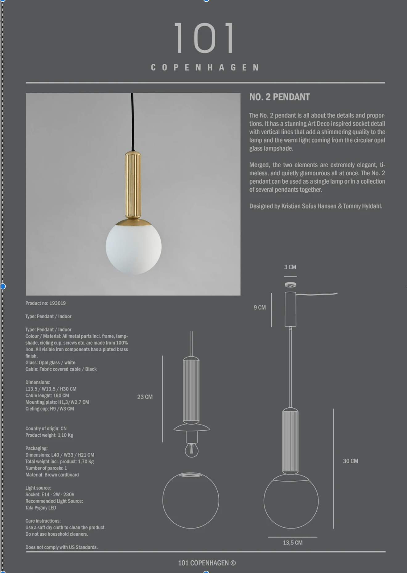 101 COPENHAGEN Φωτιστικό οροφής Pendant Φωτιστικό Οροφής Χρυσό, H30 Ø13,5cm, E14-2W-230V, 101 COPENHAGEN