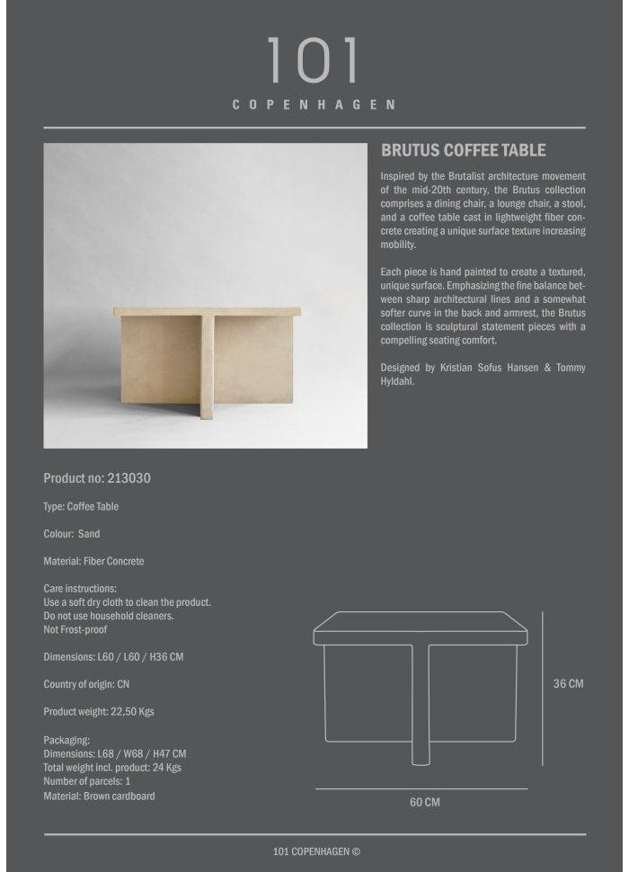 101 COPENHAGEN Coffee Table Τραπέζάκι Σαλονιού Brutus Μπεζ Σκυρόδεμα Από Ίνες H36xW60xL60 cm 101 COPENHAGEN
