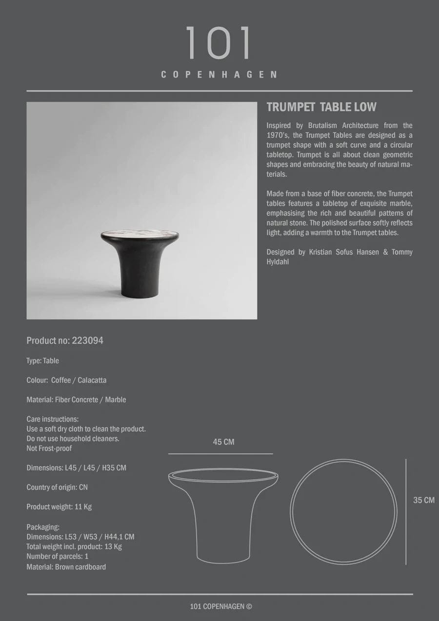 101 COPENHAGEN Coffee Table Τραπέζι, Trumpet Table Low, Μάρμαρο Και Ινώδες σκυρόδεμα, Καφέ Σκούρο, L45xW45xH35 , 101 COPENHAGEN