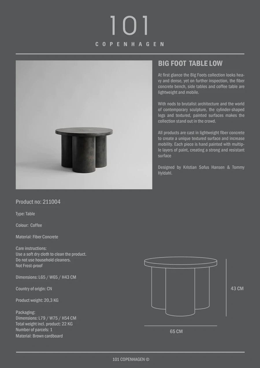 101 COPENHAGEN Coffee Table Τραπέζι Big Foot Low Σκούρο Καφέ Ινώδες Σκυρόδεμα L65xW65xH43 cm 101 COPENHAGEN