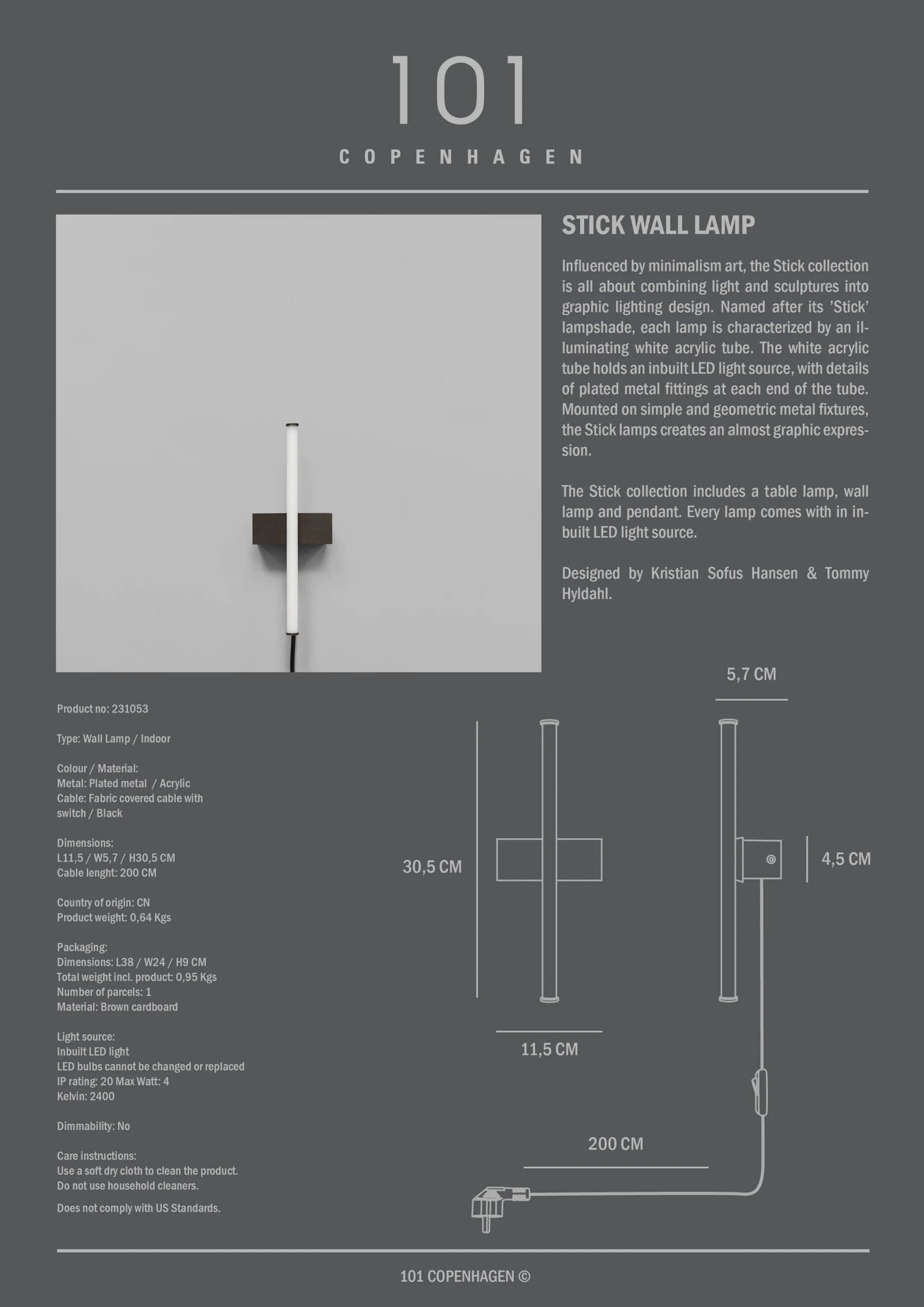 Φωτιστικό Τοίχου Stick Μπρονζέ H30,5 x W5,7 xL11,5 cm 101 COPENHAGEN