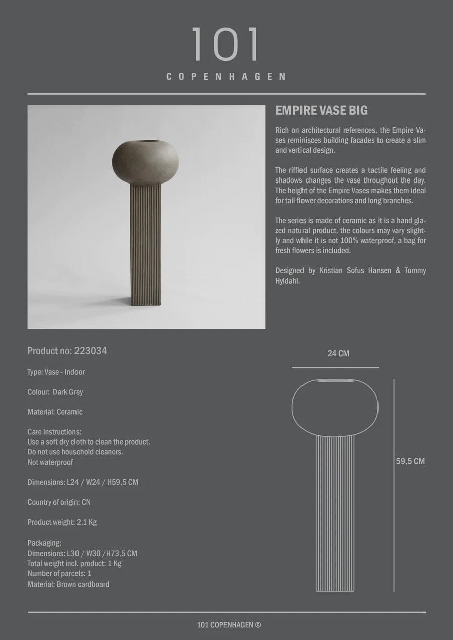 101 COPENHAGEN Βάζο Βάζο Empire Big Κεραμικό Γκρί L24xW24xH59.5 cm 101 COPENHAGEN