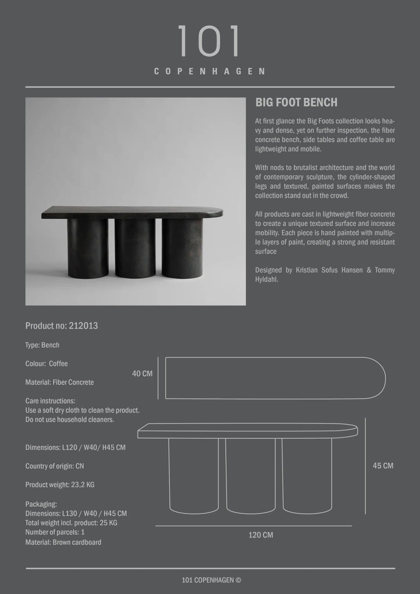 101 COPENHAGEN Πάγκος Πάγκος Big Foot Καφέ Ινώδες Σκυρόδεμα L120xW40xH45 cm 101 COPENHAGEN