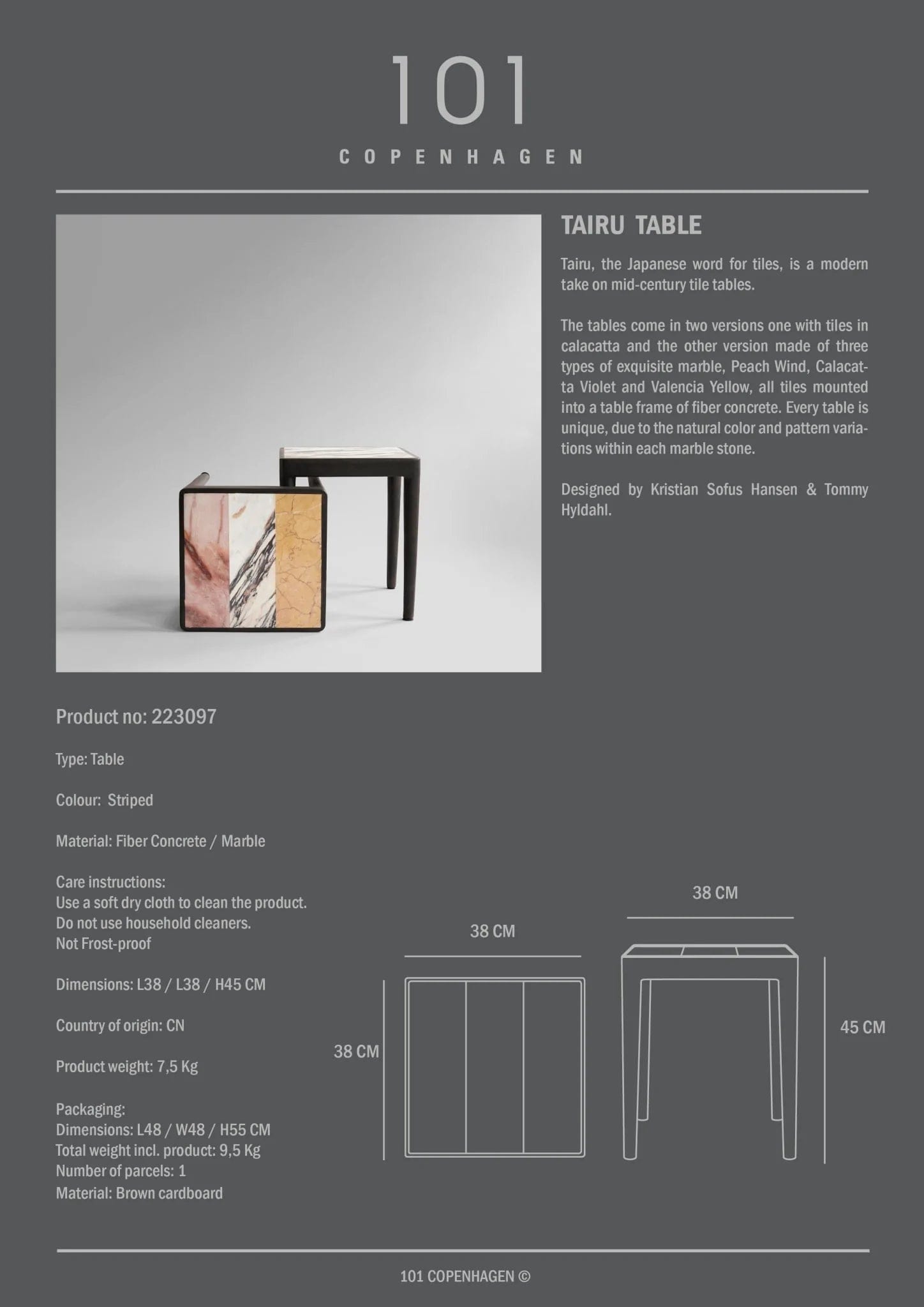 101 COPENHAGEN Τραπέζι Τραπέζι Tairu Table Striped Μάρμαρο Και Ινώδες Σκυρόδεμα Καφέ Σκούρο L38xW38xH45cm 101 COPENHAGEN