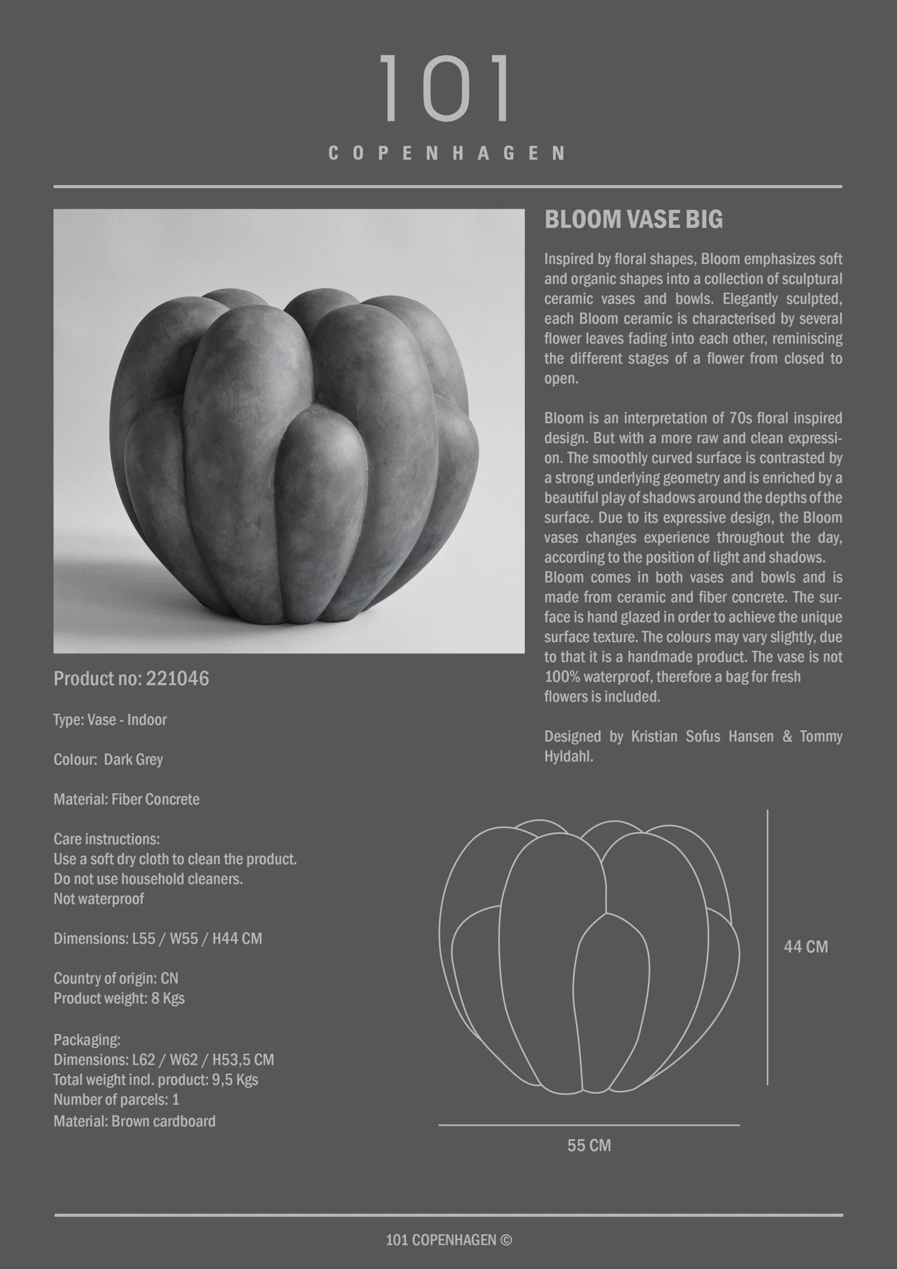 101 COPENHAGEN Βάζο Βάζο Δαπέδου Bloom Big Γκρι Σκούρο Κεραμικό L55 x W52 x H44cm 101 COPENHAGEN