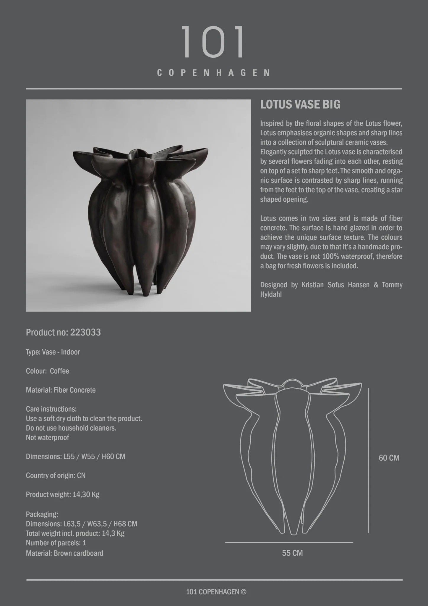 101 COPENHAGEN Βάζο Δαπέδου Βάζο Δαπέδου Lotus Big Mαύρο/Καφέ Κεραμικό H60xW55xL55cm, 101 COPENHAGEN