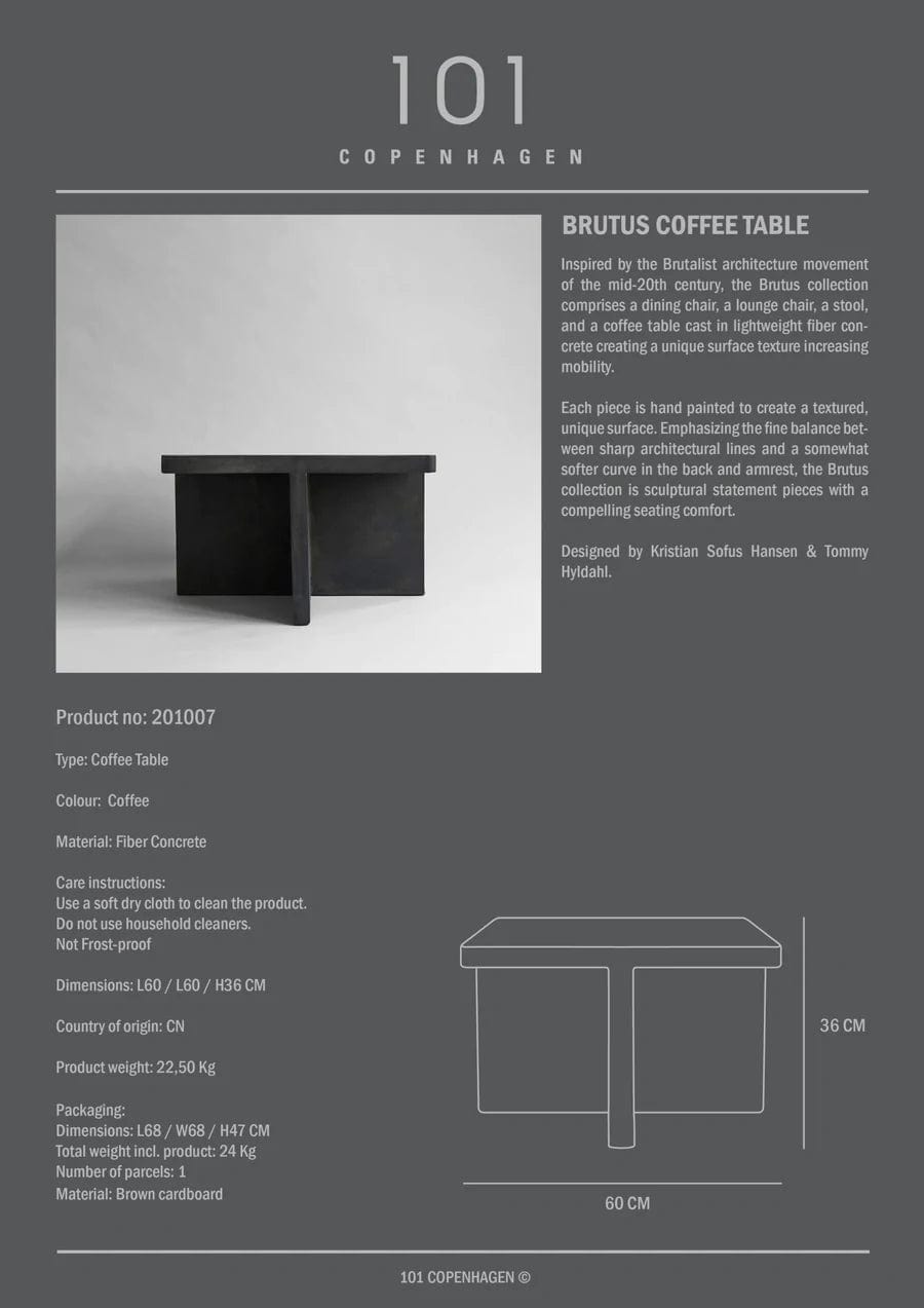 101 COPENHAGEN Coffee Table Τραπέζάκι Σαλονιού Brutus Σκούρο Καφέ-Μαύρο Σκυρόδεμα Από Ίνες H36xW60xL60 cm 101 COPENHAGEN
