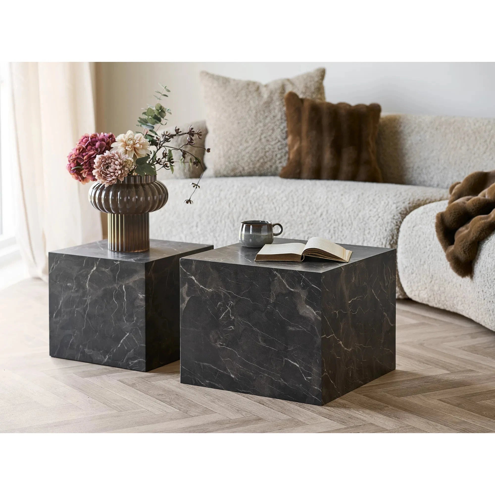 HOUSE NORDIC Τραπέζι Τραπεζάκι Σαλονιού Prague - MDF Ξύλο Όψη Μαρμάρου Καφέ Σετ Των 2 W40 x L40 x H36 / W50 x L50 x H40 HOUSE NORDIC
