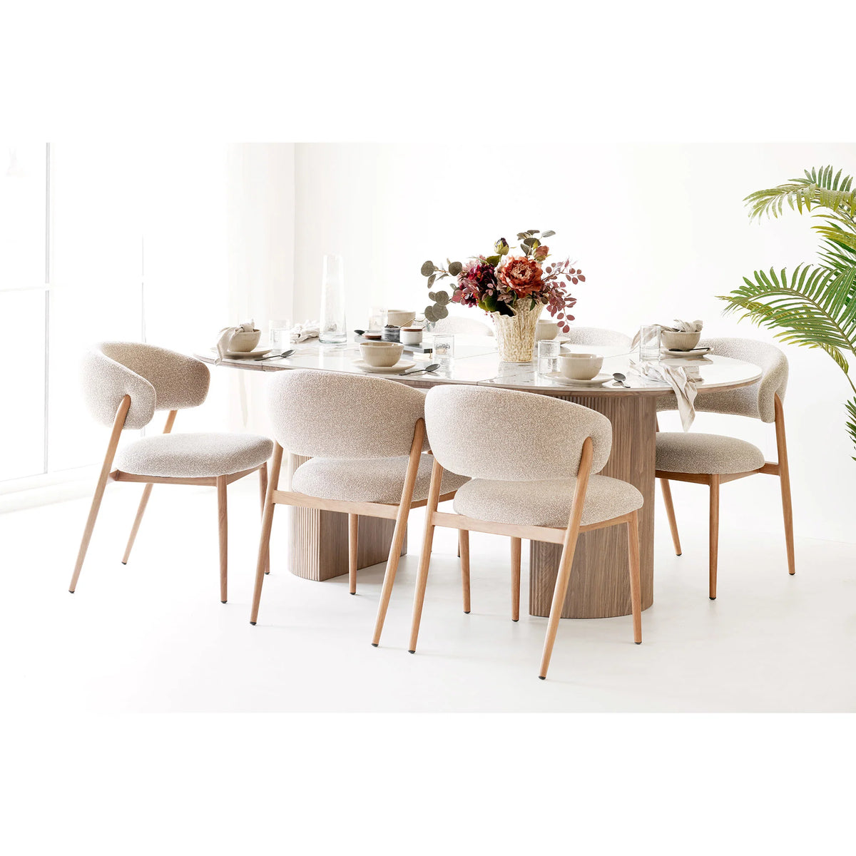 Τραπεζαρία Athens Ceramic Επιφάνεια White/Brown-Καφέ Ξύλινη Βάση / incl. 2 Extension Plates ø120x120-160-200x76 cm HOUSE NORDIC