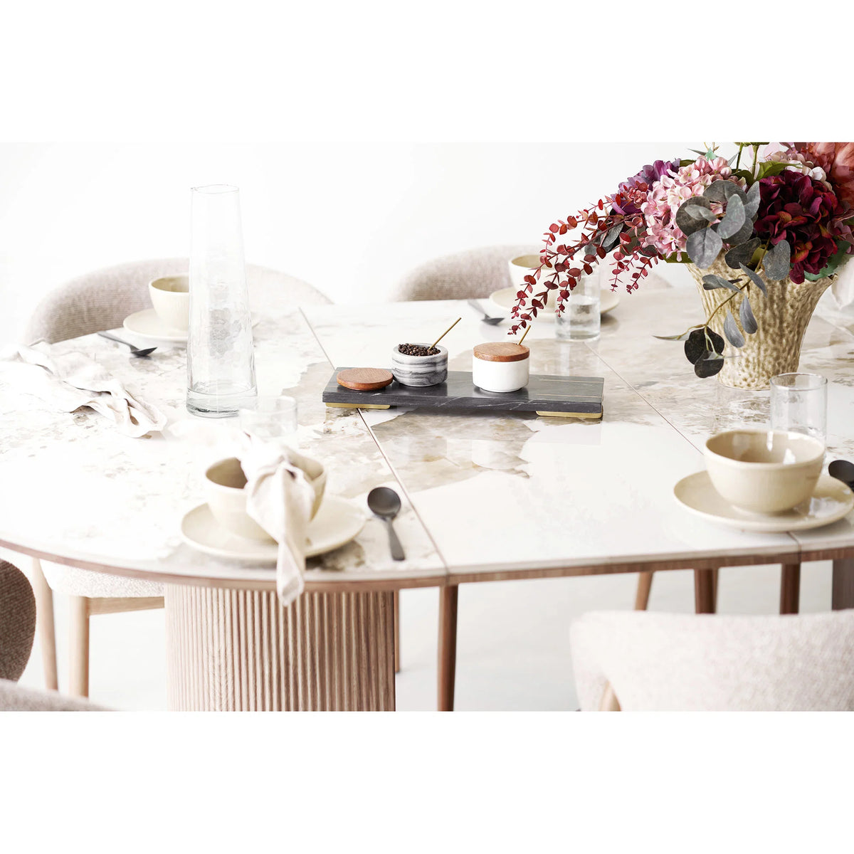 Τραπεζαρία Athens Ceramic Επιφάνεια White/Brown-Καφέ Ξύλινη Βάση / incl. 2 Extension Plates ø120x120-160-200x76 cm HOUSE NORDIC