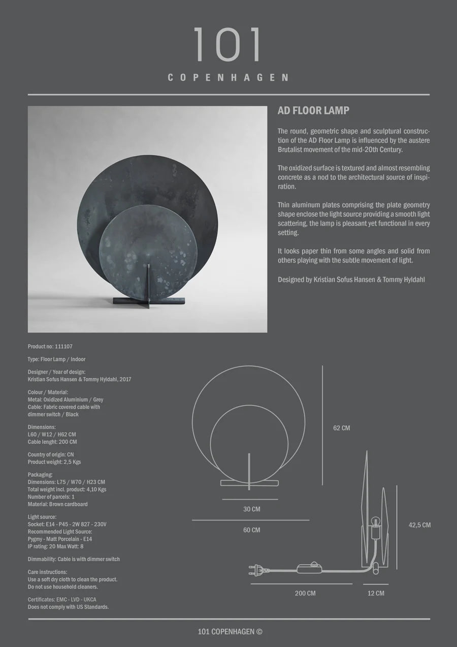 101 COPENHAGEN Επιδαπέδιο Φωτιστικό Φωτιστικό Δαπέδου AD Floor Lamp Βαμμένο-Οξειδωμένο Αλουμίνιο Γκρί E27-230V 60x12x62 cm 101 COPENHAGEN