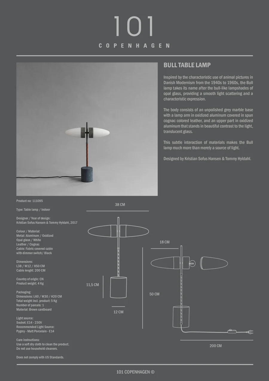 101 COPENHAGEN Επιδαπέδιο Φωτιστικό Επιτραπέζιο Φωτιστικό Bull Table Lamp Μάρμαρο/Δέρμα Οξειδωμένο 12x38x50 cm 101 COPENHAGEN