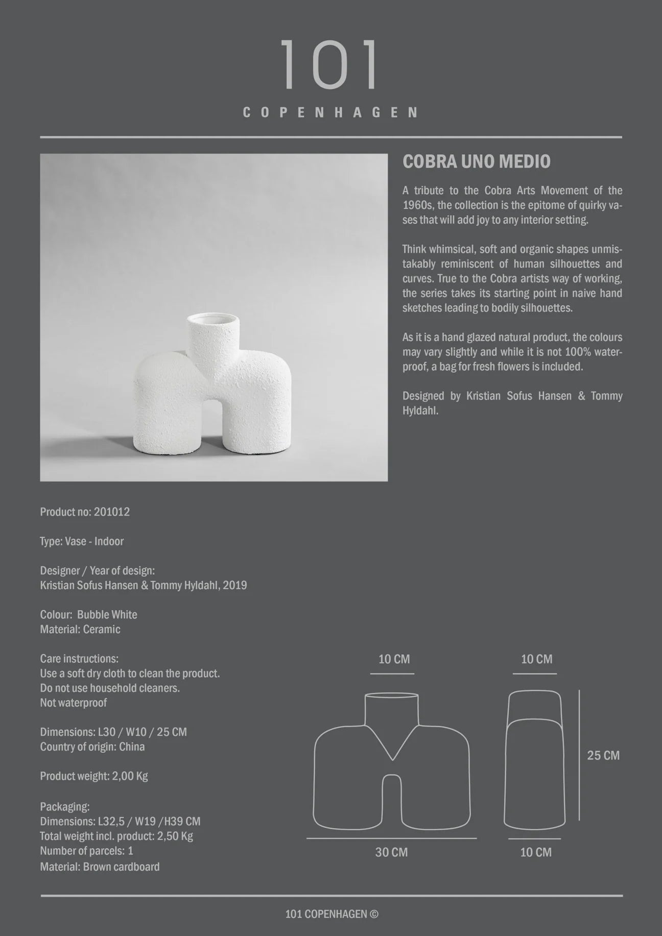 101 COPENHAGEN Βάζο Βάζο, Cobra Uno Medio, Κεραμικό, Bubble Άσπρο 25x10x30cm 101 COPENHAGEN