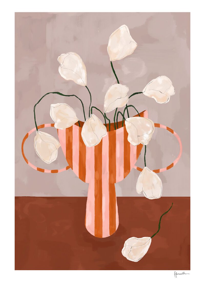 THE POSTER CLUB Poster Πόστερ White Flowers In Striped Vase - Κόκκινο Άσπρο 30 x 40 cm THE POSTER CLUB