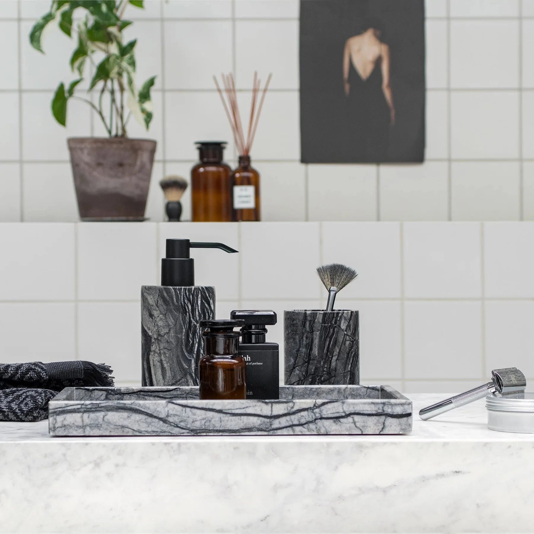 METTE DITMER Dispenser Dispenser Για Υγρό Σαπούνι Marble Tall - Μάρμαρο Μαύρο Γκρι - ABS Αντλία Μαύρη W7,5 x L7,5 x H17,5 cm METTE DITMER