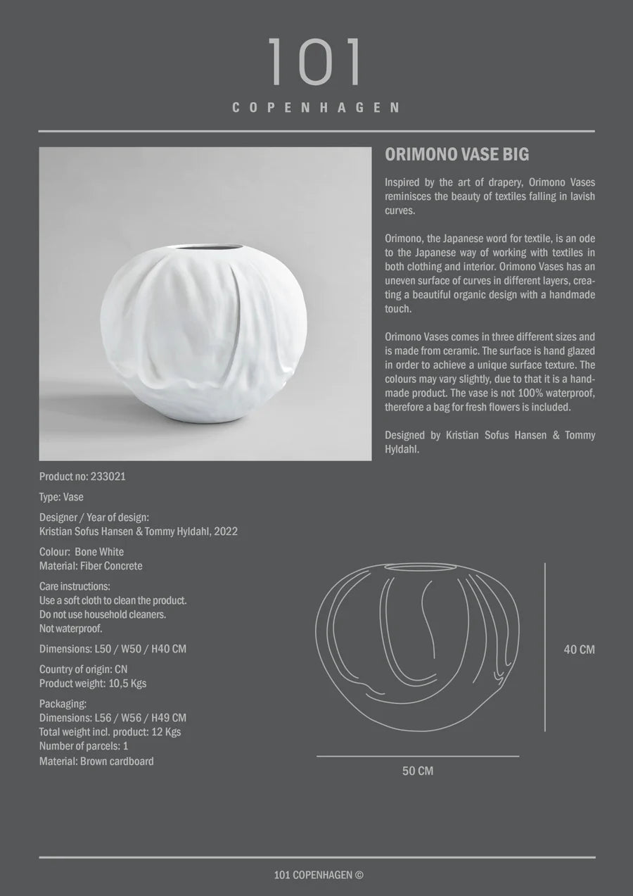 101 COPENHAGEN Βάζο Orimono Vase Big Κεραμικό Διακοσμητικό Βάζο Άσπρο Η40x50x50cm 101 COPENHAGEN