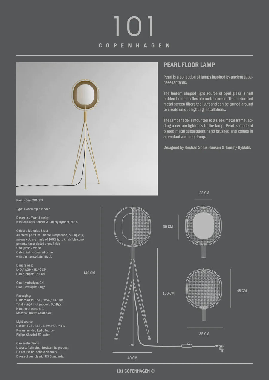 101 COPENHAGEN Επιδαπέδιο Φωτιστικό Φωτιστικό Δαπέδου Pearl Floor Lamp Μέταλλο/Οπαλίνα Χρυσό E14-230V 39x40x140cm 101 COPENHAGEN