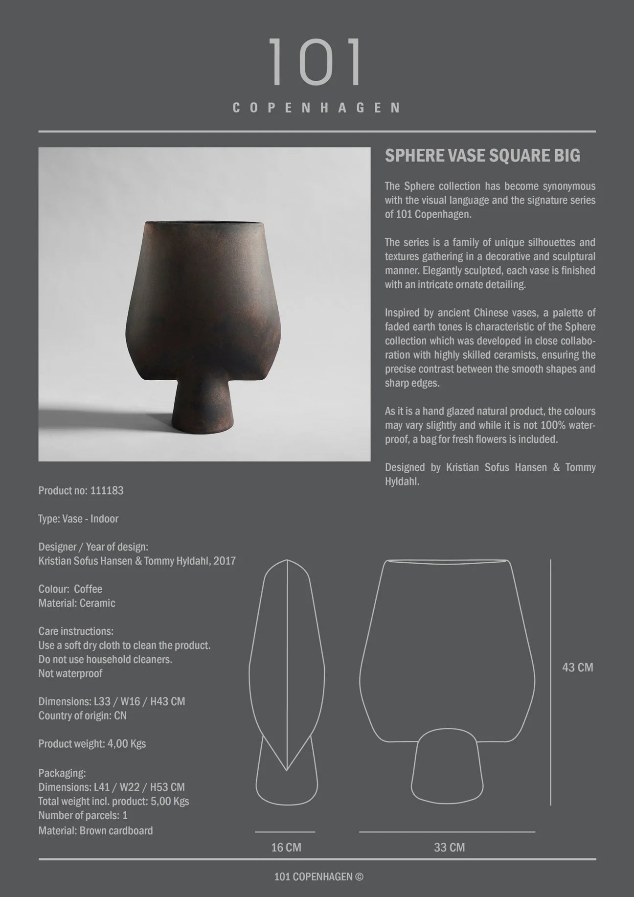 101 COPENHAGEN Βάζο Βάζο, Sphere Square, Big, Καφέ/Μαύρο, Κεραμικό, 43,5x17x33,5cm, 101 COPENHAGEN