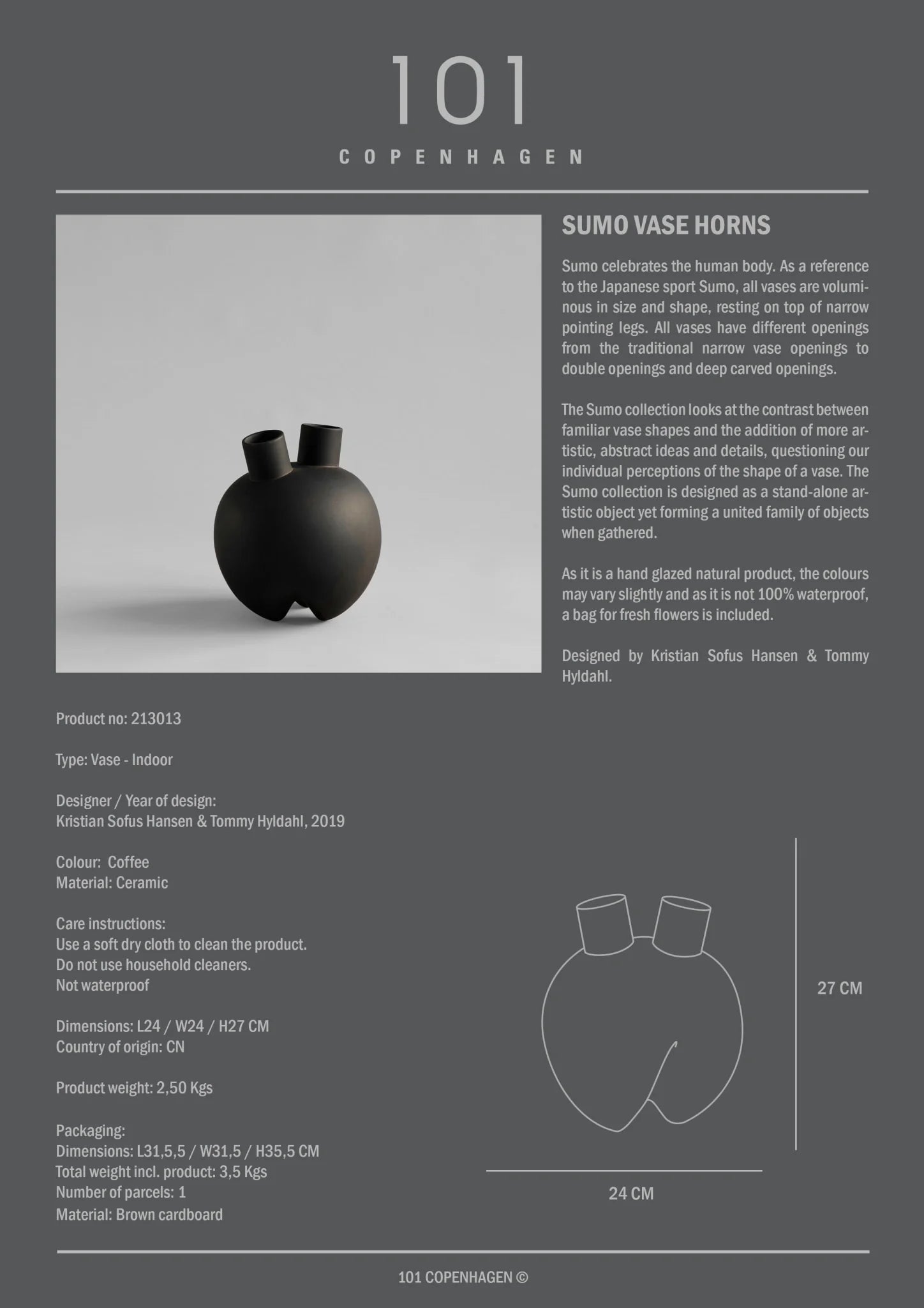 101 COPENHAGEN Βάζο Βάζο, Sumo Horns, Σκούρο Καφέ, Κεραμικό, H27xW24xL24 cm 101 Copenhagen