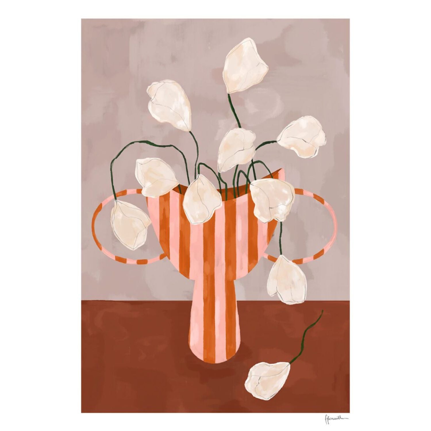 THE POSTER CLUB Poster Πόστερ White Flowers In Striped Vase - Κόκκινο Άσπρο 30 x 40 cm THE POSTER CLUB