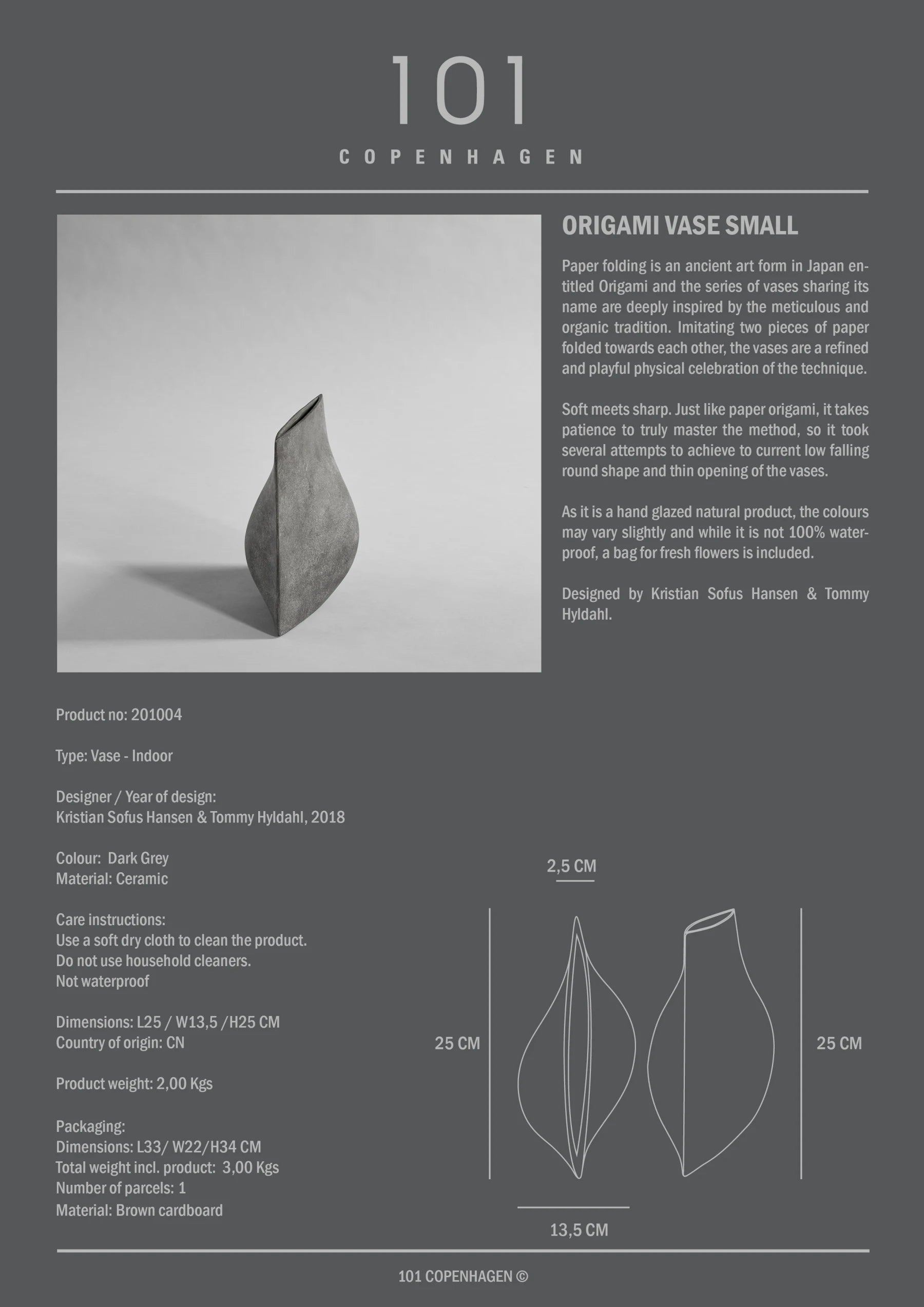 101 COPENHAGEN Βάζο Διακοσμητικό Βάζο Origami Mini Κεραμικό Γκρι H25cm x W13,5cm x L25cm 101 COPENHAGEN