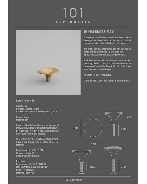 Διακοσμητικά Πόμολα/ Κρεμάστρα Set/2 HiHat Maxi Ορείχαλκος Brass Μεταλλικά H3 cm, Ø 6 cm 101 COPENHAGEN