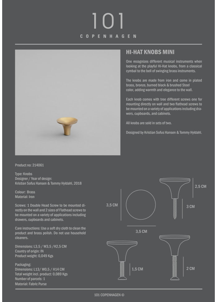 HiHat Decorative Knob Hanger Mini Brass set of 2 pcs 101 COPENHAGEN