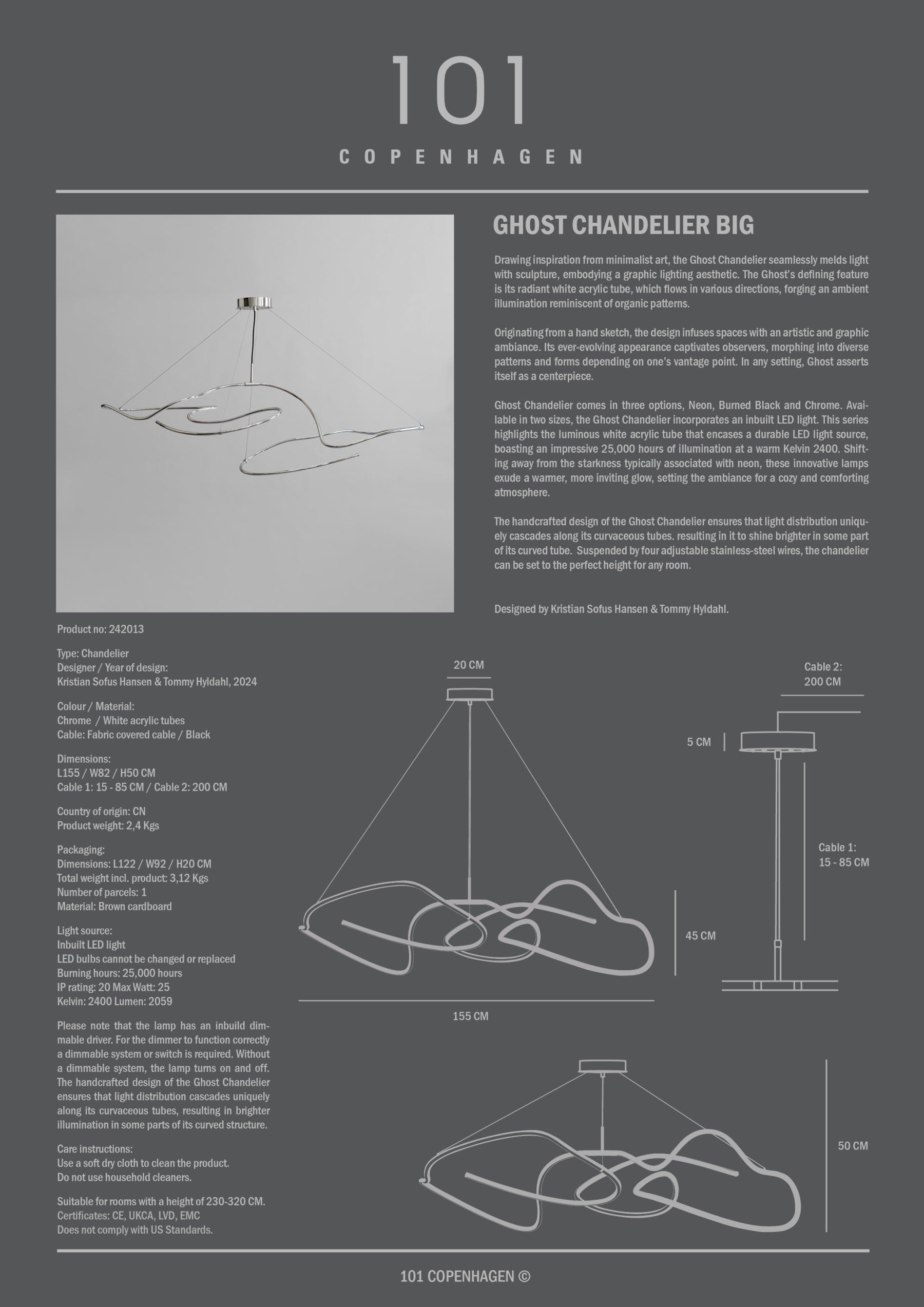 101 COPENHAGEN Φωτιστικό οροφής Φωτιστικό Οροφής Ghost Chandelier, Big - Chrome LED H50 x W82 x L155 cm 101 COPENHAGEN