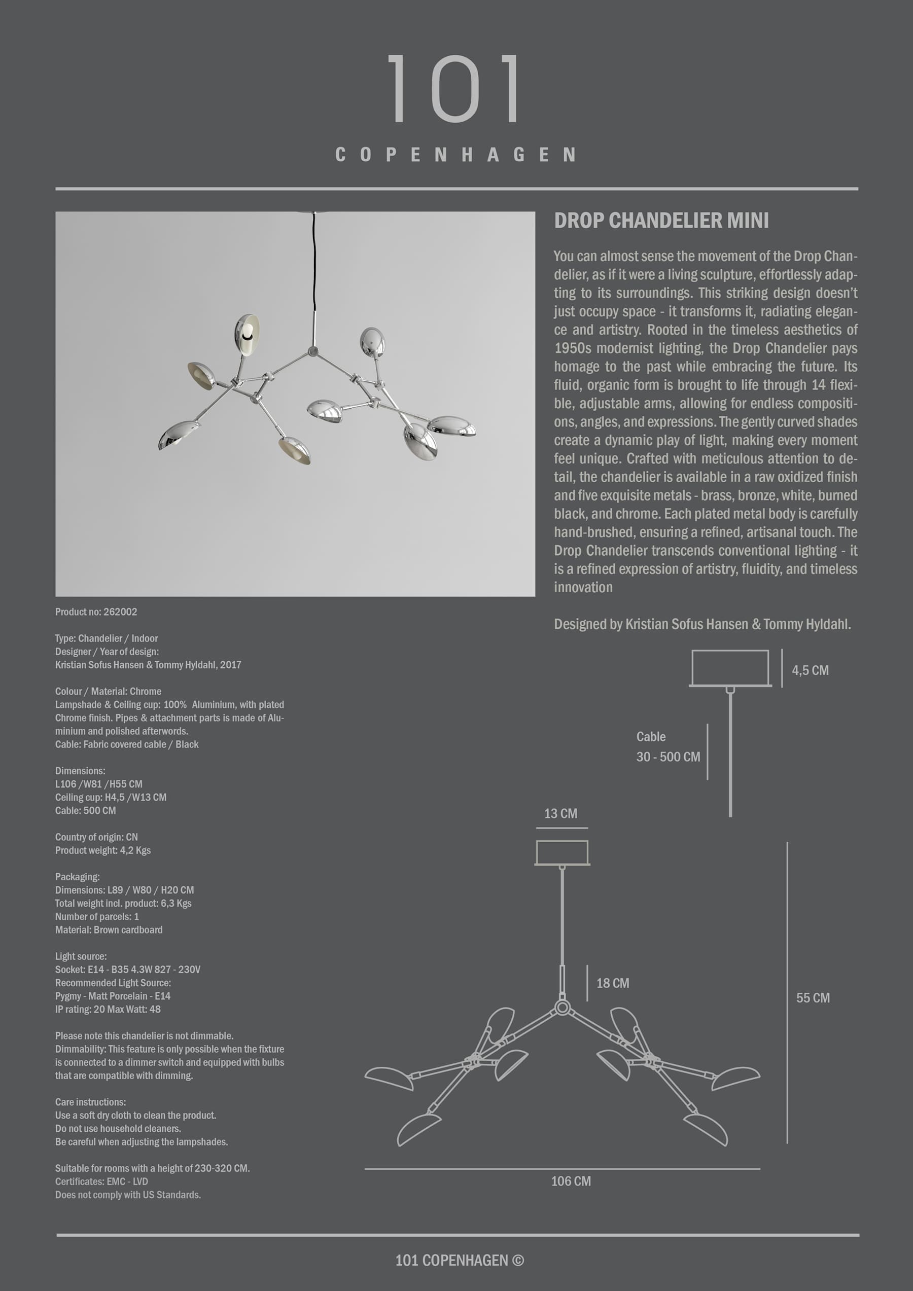 Φωτιστικό Οροφής Drop Mini - Αλουμίνιο Chrome ( 5m ) H55 x W81 x L106 cm 101 COPENHAGEN