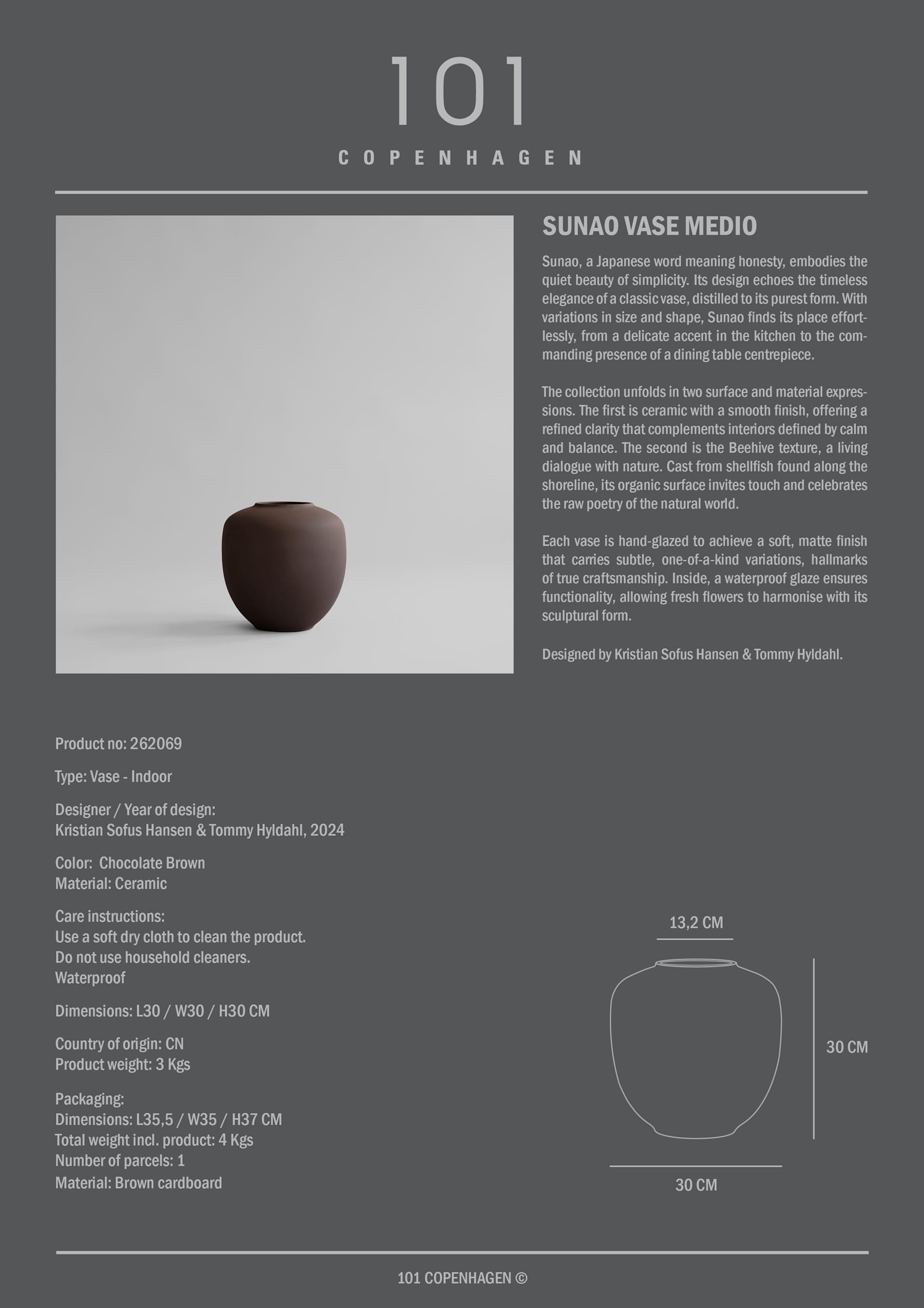 Βάζο Sunao Medio - Κεραμικό Σοκολατί H30 x W30 x L30 cm 101 COPENHAGEN