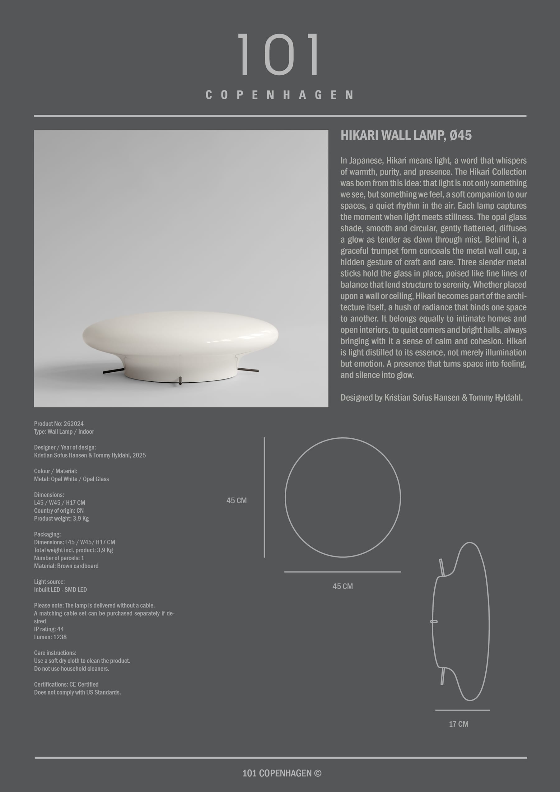 Φωτιστικό Τοίχου Hikari Ø45 - Λευκό Οπάλ Γυαλί Αλουμίνιο H17x Ø45 cm 101 COPENHAGEN