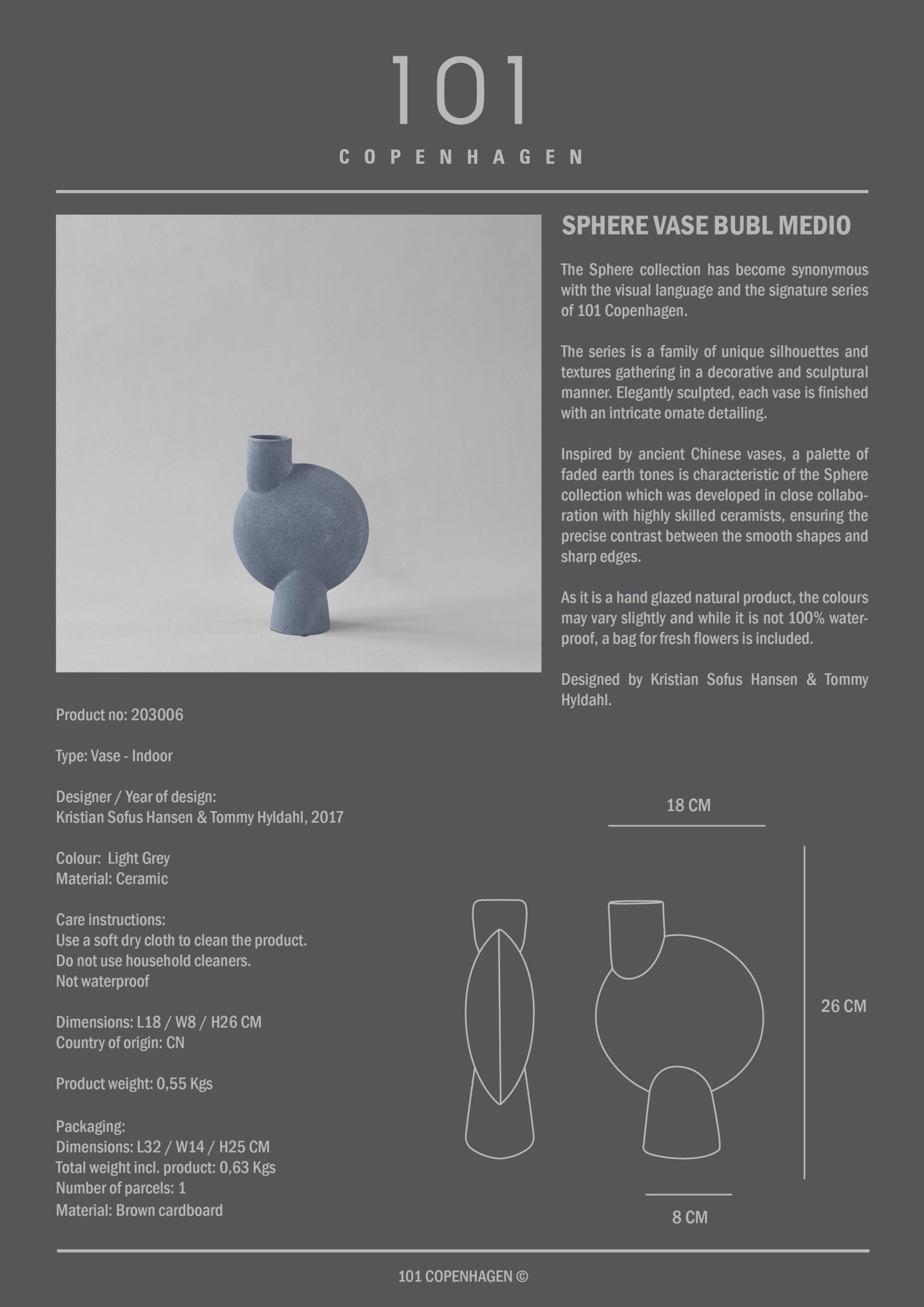 Vase, Sphere Bubl, Medio, Dark Grey, Ceramic, Height 26cm x Width 18cm x Base 8cm, 101 COPENHAGEN