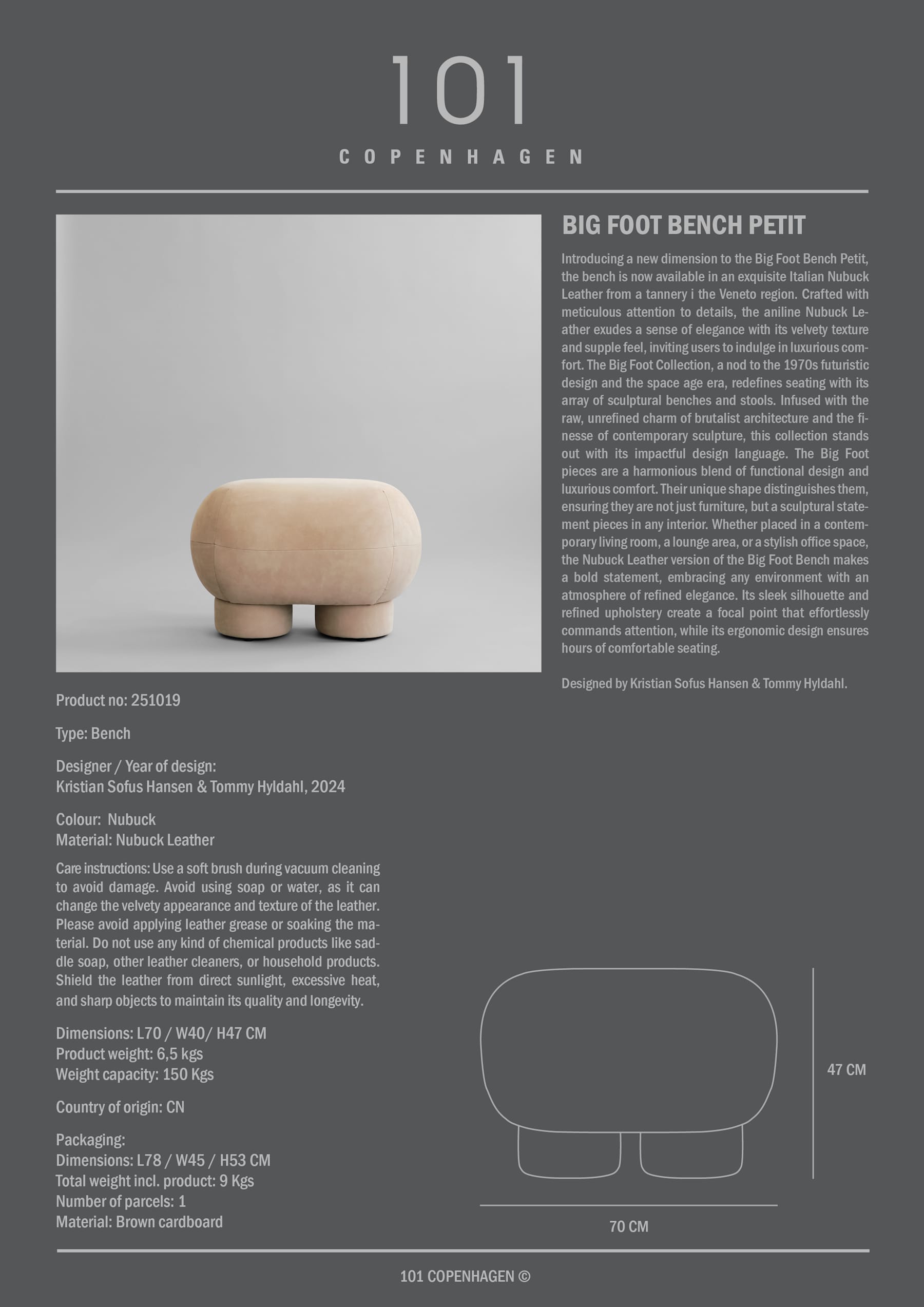 Πάγκος Big Foot Petit - Δέρμα Nubuck H47 x W40 x L70 cm 101 COPENHAGEN