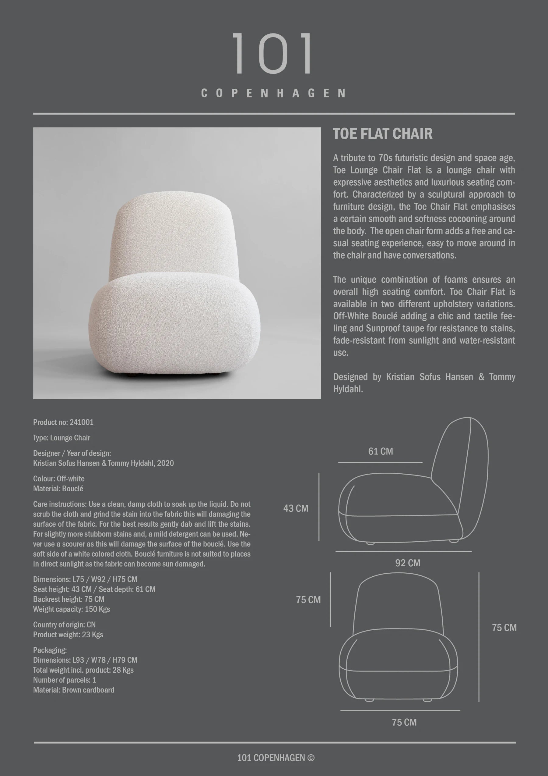 101 COPENHAGEN Πολυθρόνα Πολυθρόνα Toe Chair Flat Λευκή Μπουκλέ (Bouclé) L70xW92xH75 cm 101 COPENHAGEN