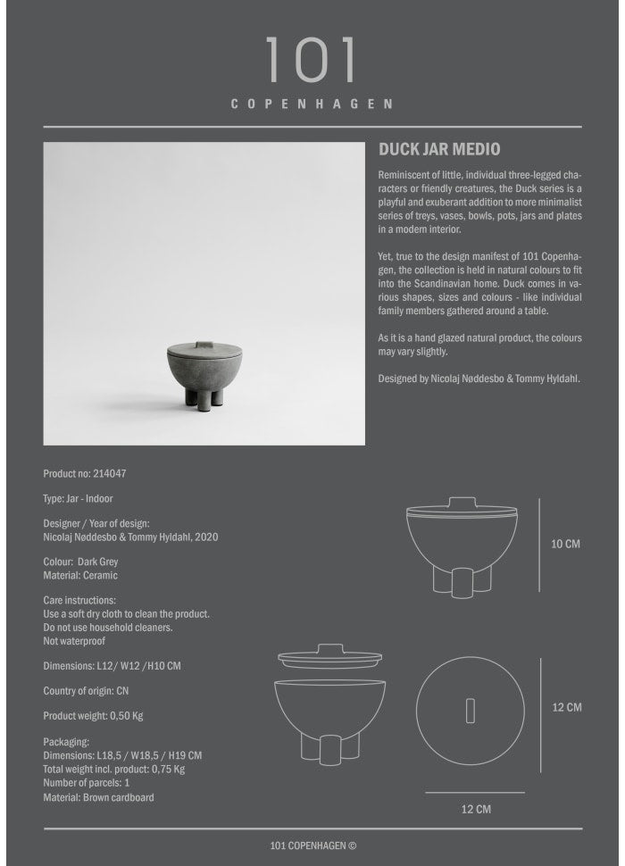 101 COPENHAGEN Διακοσμητικo Μπολ Duck Jar Medio Κεραμικό Διακοσμητικό Δοχείο με Καπάκι Σκούρο Γκρι H10xH12xW12cm 101 COPENHAGEN