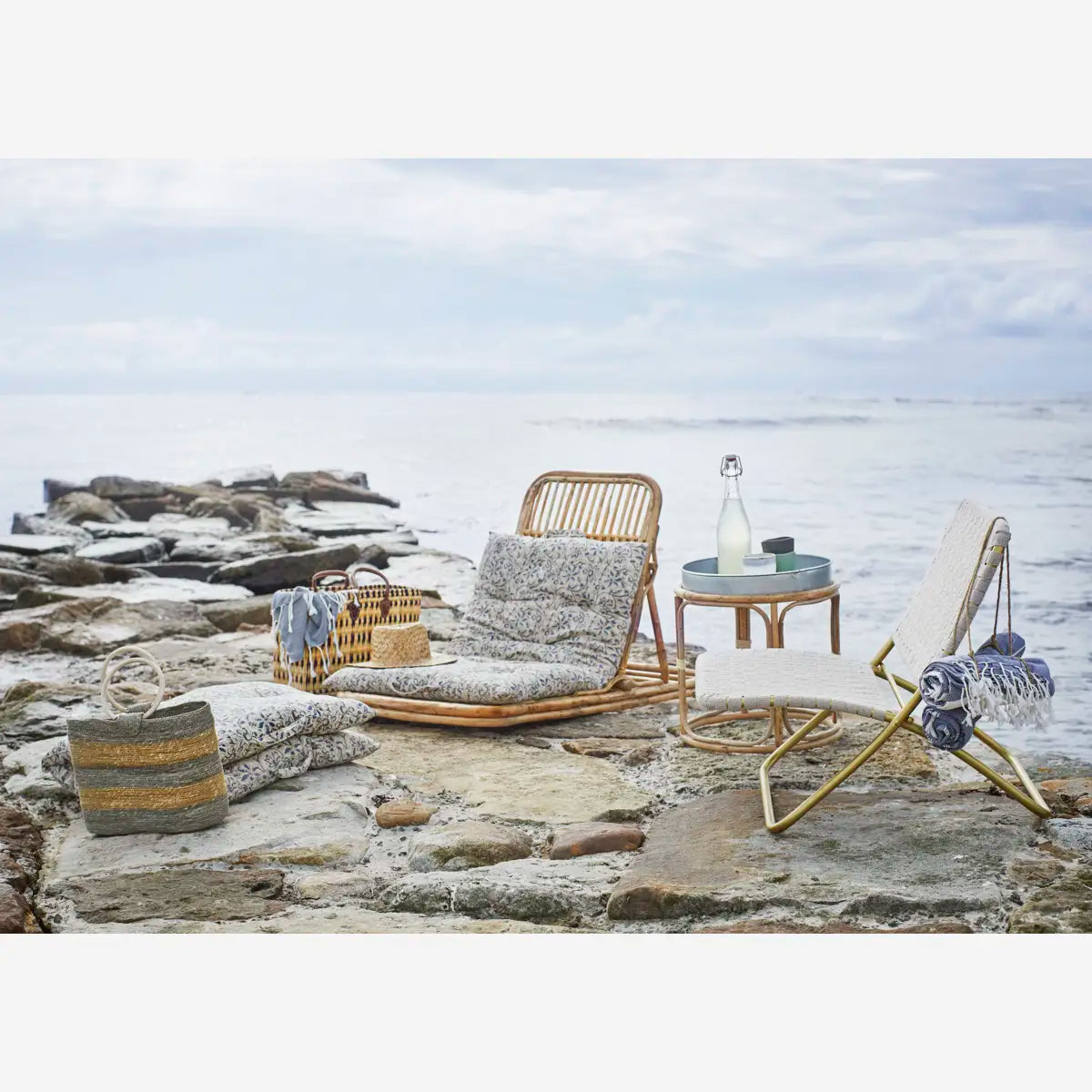 MADAM STOLTZ Καρέκλα Καρέκλα Παραλίας FOLDABLE BEACH CHAIR Βαμβάκι/Μέταλλο Off White / Aντικέ Brass Madam Stoltz