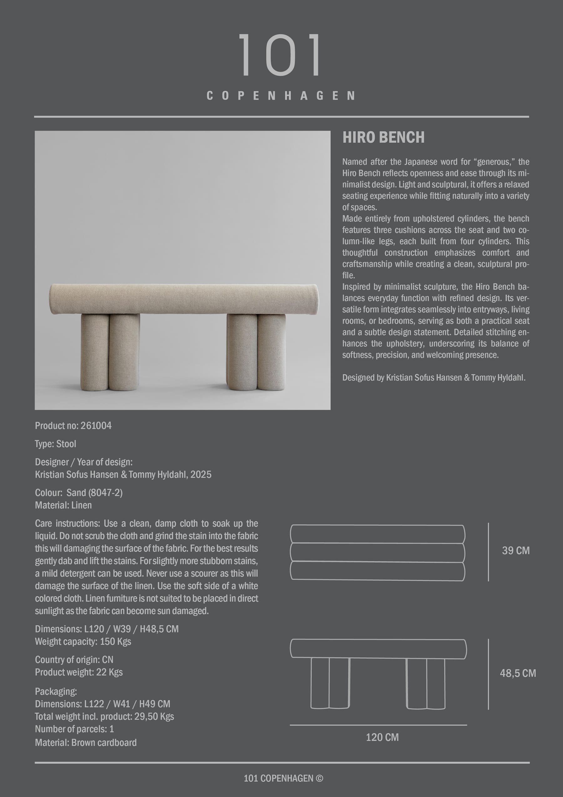 Πάγκος Hiro - Λινό Ύφασμα Sand H48,5 x W39 x L120 cm 101 COPENHAGEN