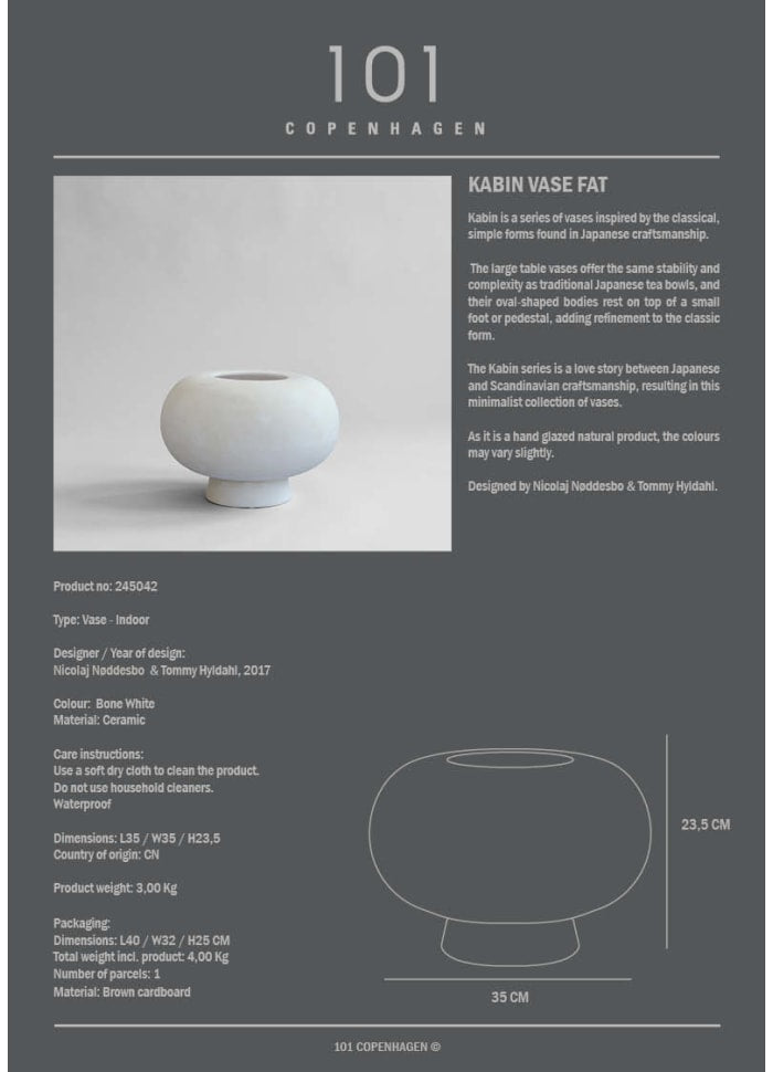 101 COPENHAGEN Βάζο Kabin Fat Κεραμικό Διακοσμητικό Βάζο Bone Άσπρο Η23,5x35x35cm 101 COPENHAGEN