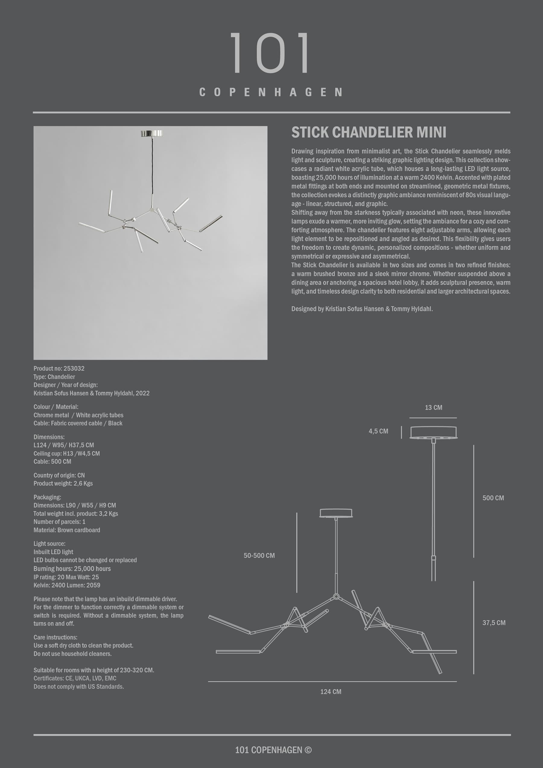101 COPENHAGEN Φωτιστικό οροφής Φωτιστικό Οροφής Stick Mini - Chrome L124 x W95 x H37,5 cm 101 COPENHAGEN